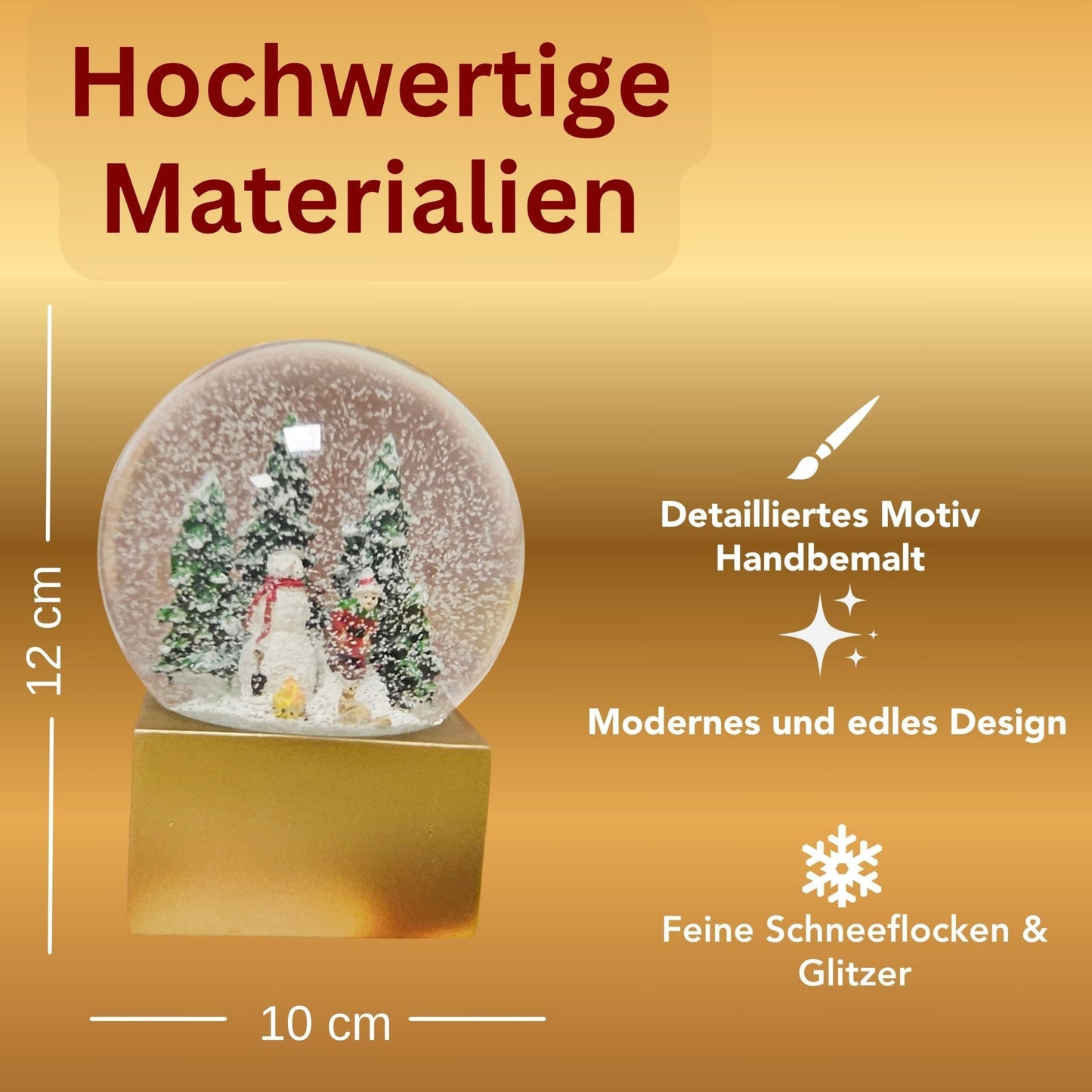 Schneekugel Schneemann steht vor Lagerfeuer auf Sockel golden eckig "PURE - Line" 10 cm Durchmesser - Schneekugelhaus