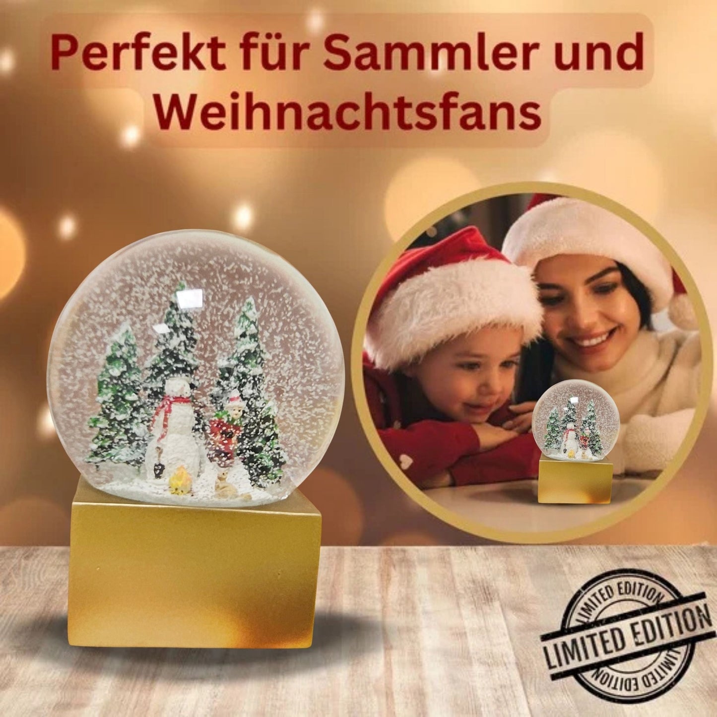 Schneekugel Schneemann steht vor Lagerfeuer auf Sockel golden eckig "PURE - Line" 10 cm Durchmesser - Schneekugelhaus