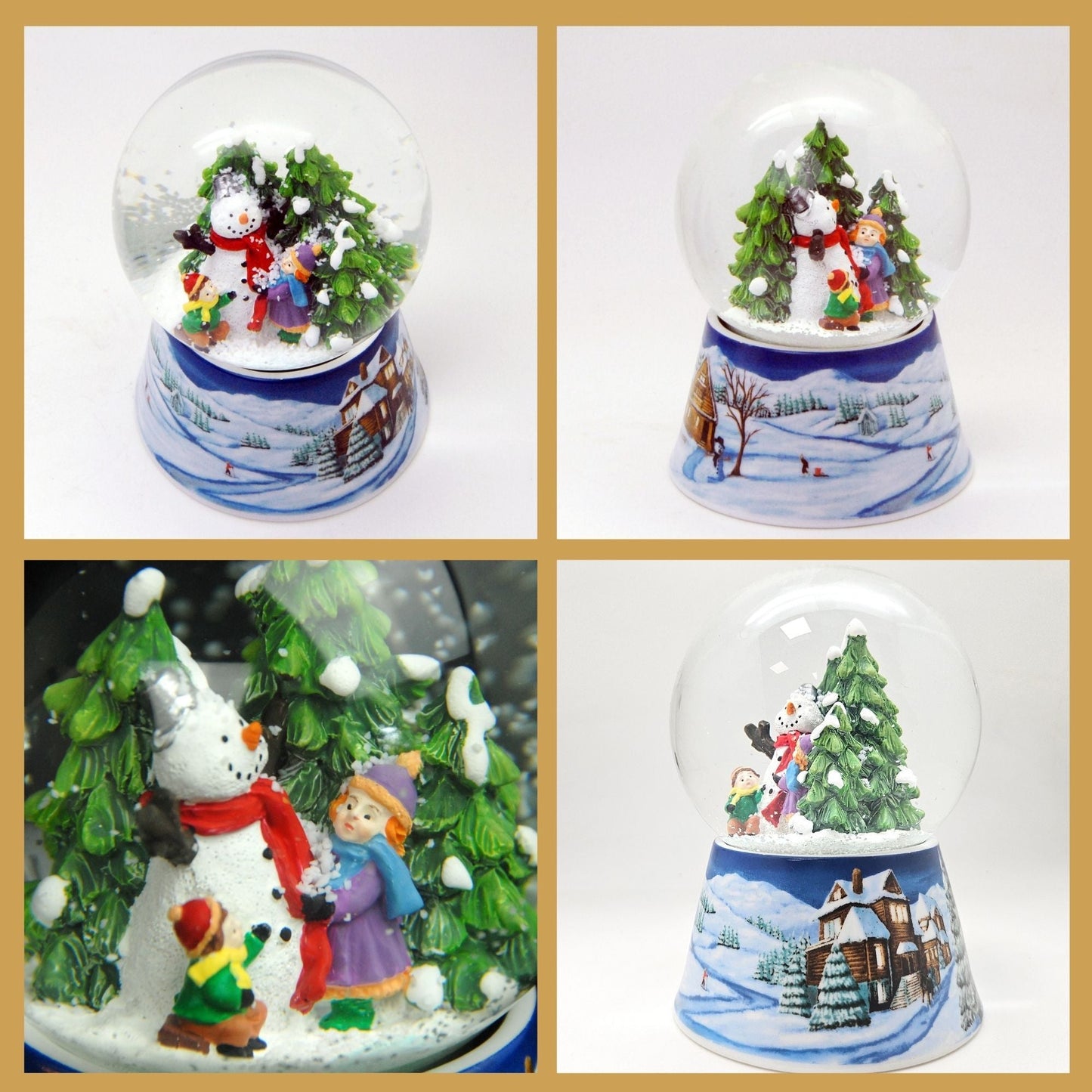 Schneekugel Schneemann zwei Kinder auf Sockel Winterlandschaft mittelblau mit Spieluhr 10 cm Durchmesser - Schneekugelhaus