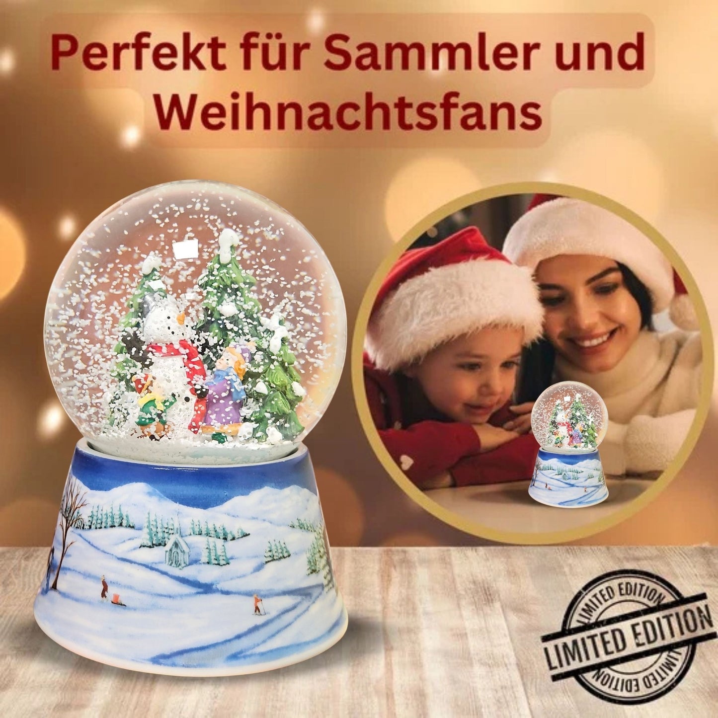 Schneekugel Schneemann zwei Kinder auf Sockel Winterlandschaft mittelblau mit Spieluhr 10 cm Durchmesser - Schneekugelhaus
