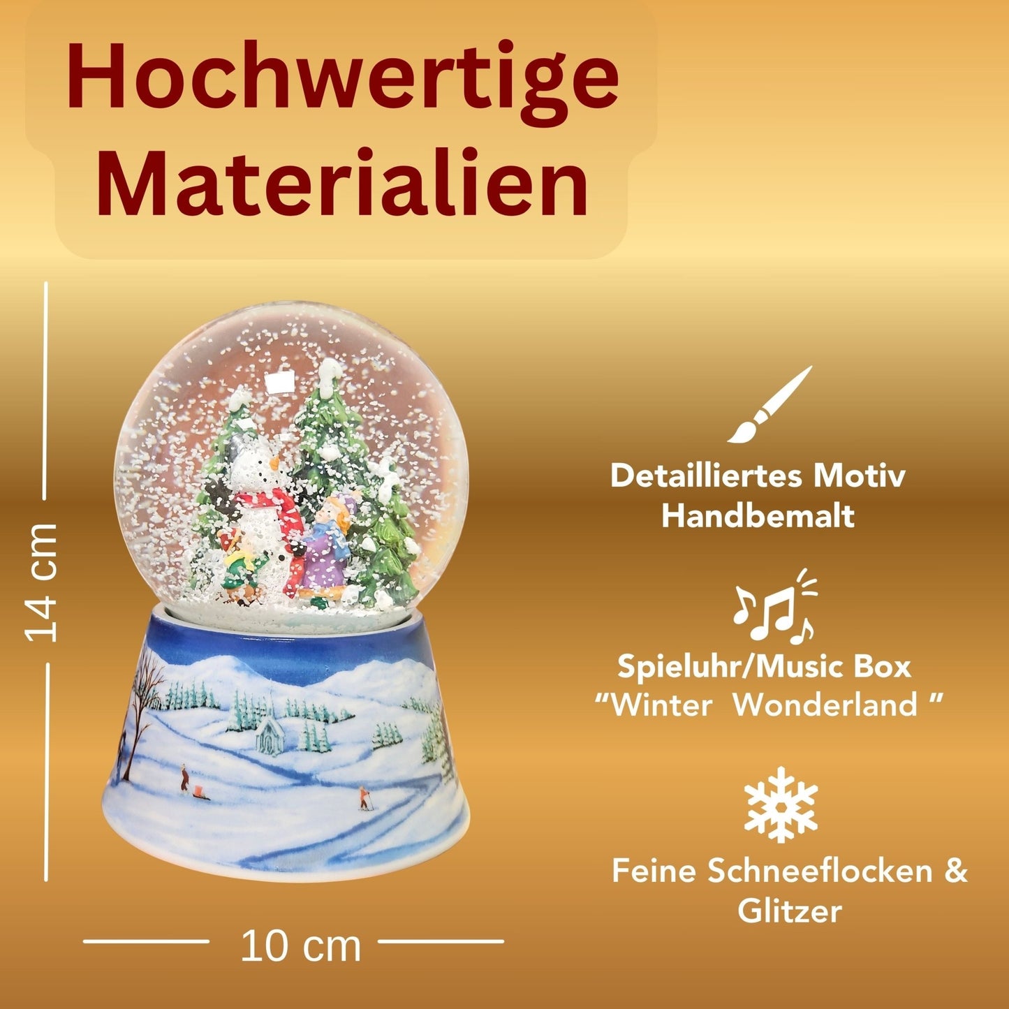 Schneekugel Schneemann zwei Kinder auf Sockel Winterlandschaft mittelblau mit Spieluhr 10 cm Durchmesser - Schneekugelhaus