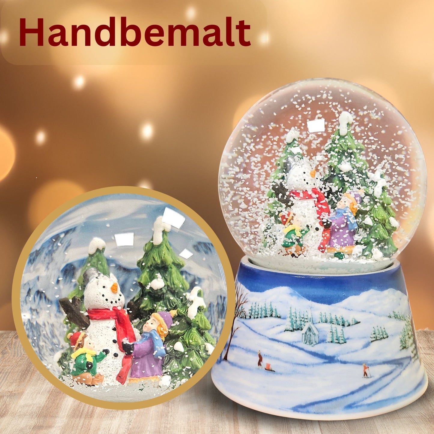 Schneekugel Schneemann zwei Kinder auf Sockel Winterlandschaft mittelblau mit Spieluhr 10 cm Durchmesser - Schneekugelhaus