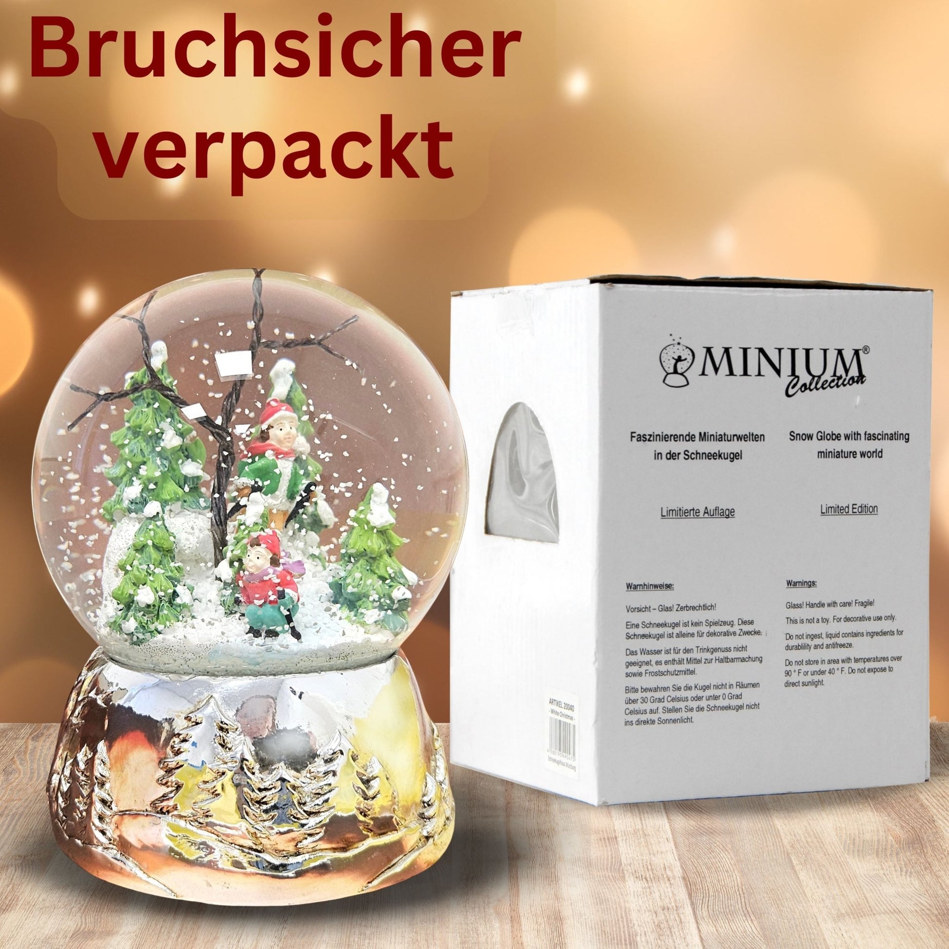 Schneekugel Skifahrer auf Silber Sockel Landschaft mit Spieluhr Stille Nacht, Heilige Nacht 10 cm Durchmesser - Schneekugelhaus