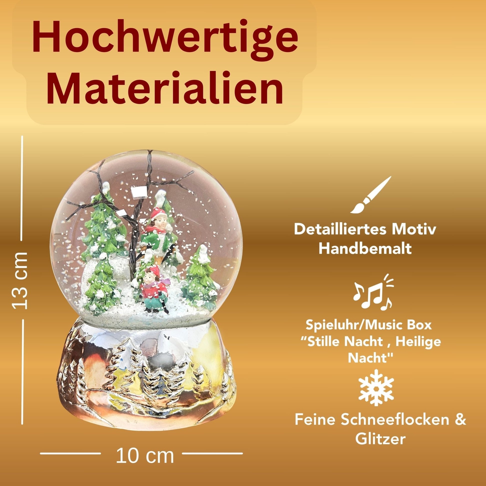 Schneekugel Skifahrer auf Silber Sockel Landschaft mit Spieluhr Stille Nacht, Heilige Nacht 10 cm Durchmesser - Schneekugelhaus