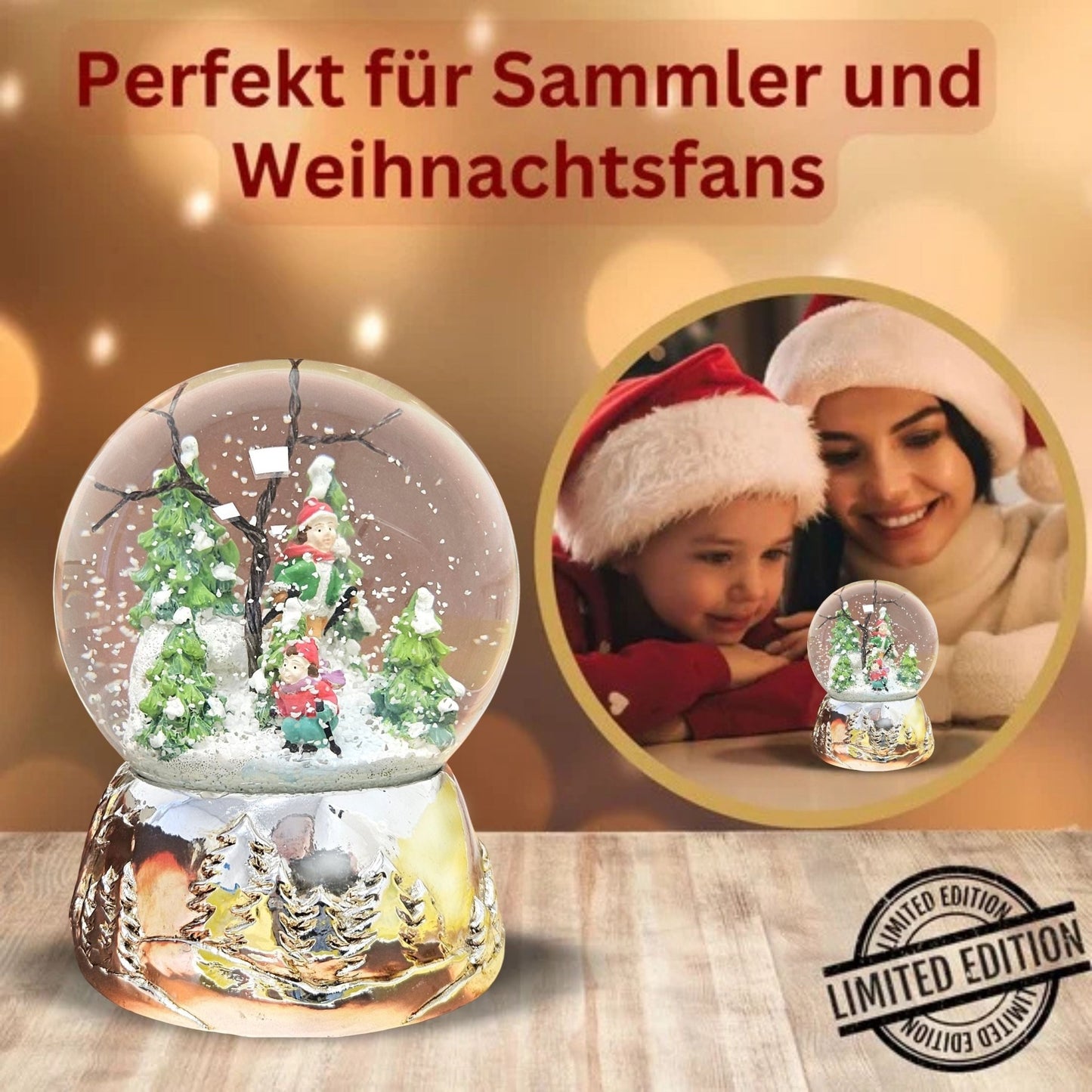 Schneekugel Skifahrer auf Silber Sockel Landschaft mit Spieluhr Stille Nacht, Heilige Nacht 10 cm Durchmesser - Schneekugelhaus