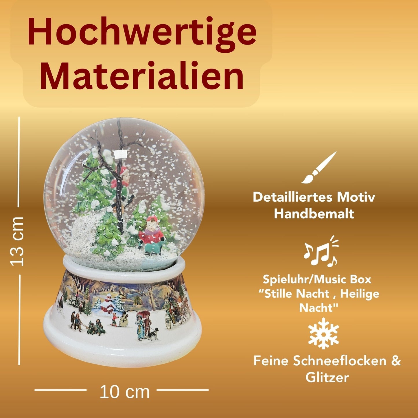 Schneekugel Skifahrer im Winterwald auf Sockel nostalgische Schneelandschaft mit Spieluhr 10 cm Durchmesser - Schneekugelhaus
