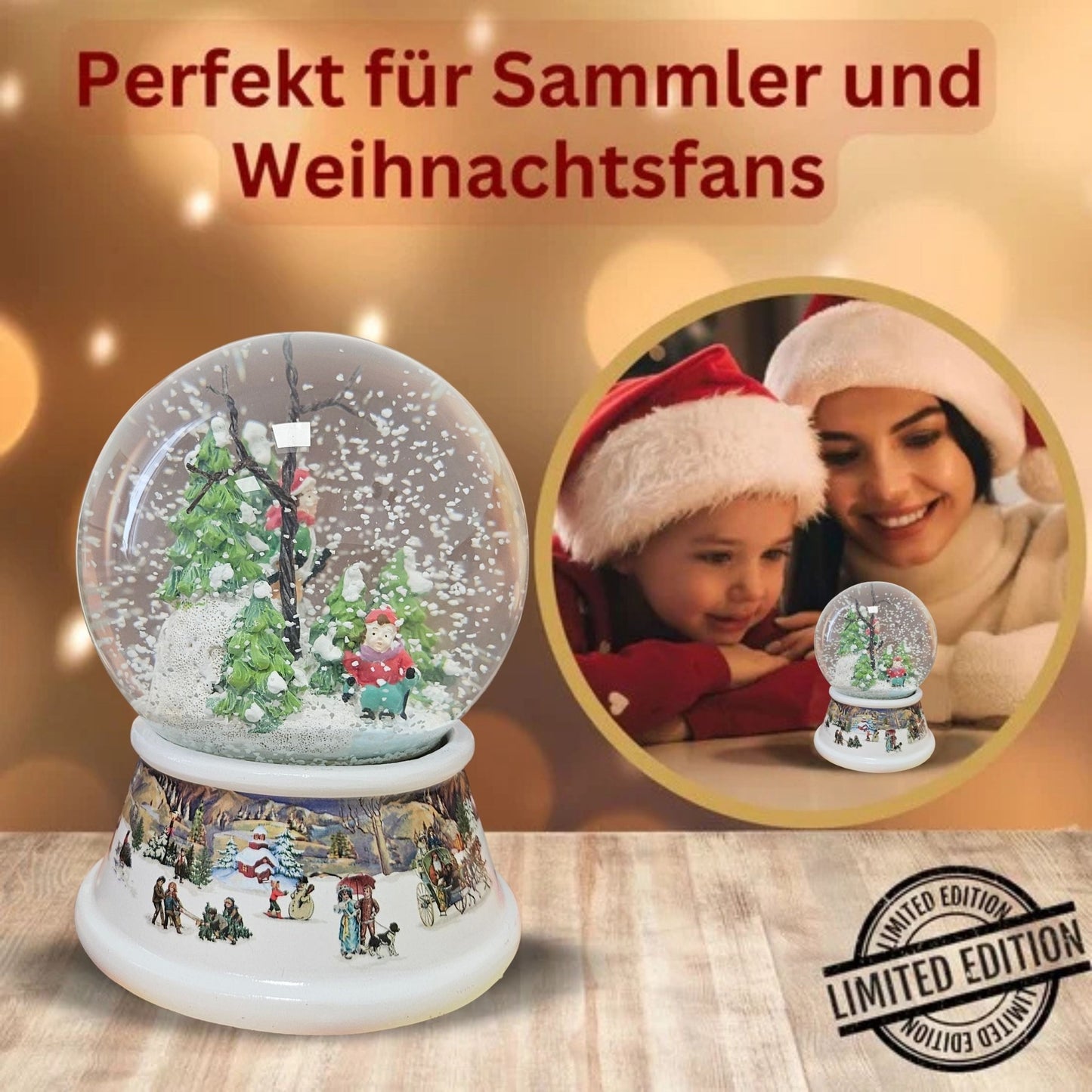 Schneekugel Skifahrer im Winterwald auf Sockel nostalgische Schneelandschaft mit Spieluhr 10 cm Durchmesser - Schneekugelhaus