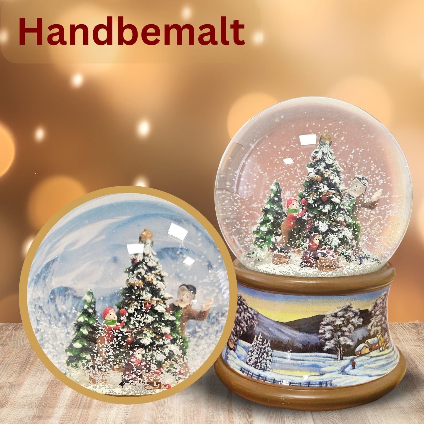 Schneekugel Weihnachtsbaum schmücken auf Sockel Winterlandschaft braun mit Spieluhr 10 cm Durchmesser - Schneekugelhaus