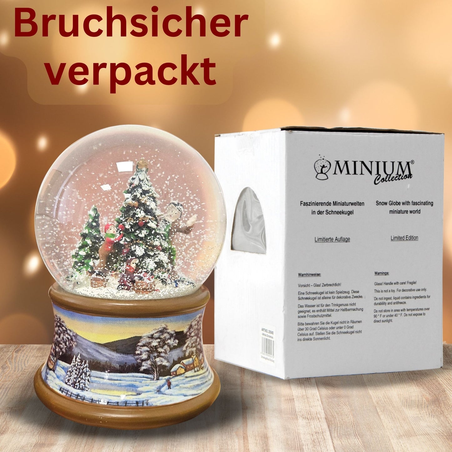 Schneekugel Weihnachtsbaum schmücken auf Sockel Winterlandschaft braun mit Spieluhr 10 cm Durchmesser - Schneekugelhaus