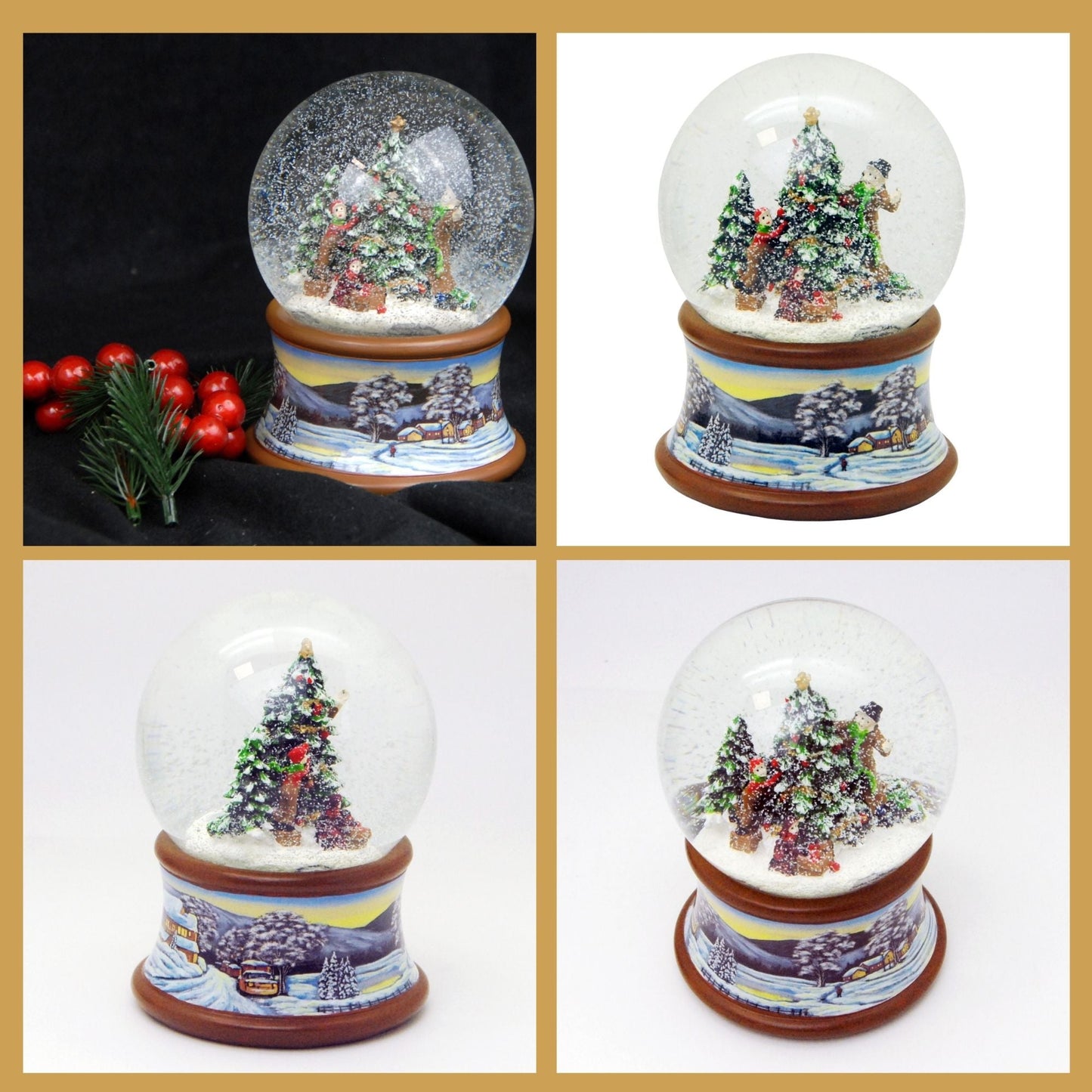 Schneekugel Weihnachtsbaum schmücken auf Sockel Winterlandschaft braun mit Spieluhr 10 cm Durchmesser - Schneekugelhaus