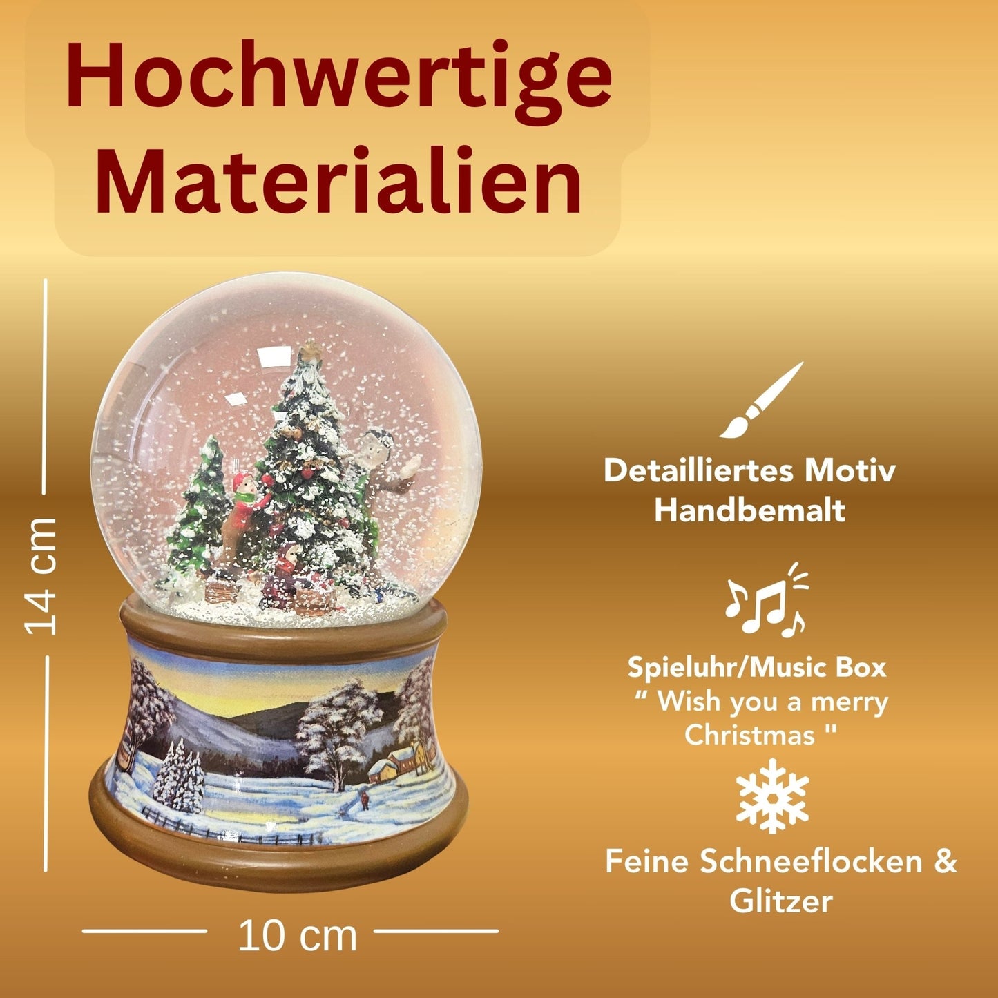 Schneekugel Weihnachtsbaum schmücken auf Sockel Winterlandschaft braun mit Spieluhr 10 cm Durchmesser - Schneekugelhaus