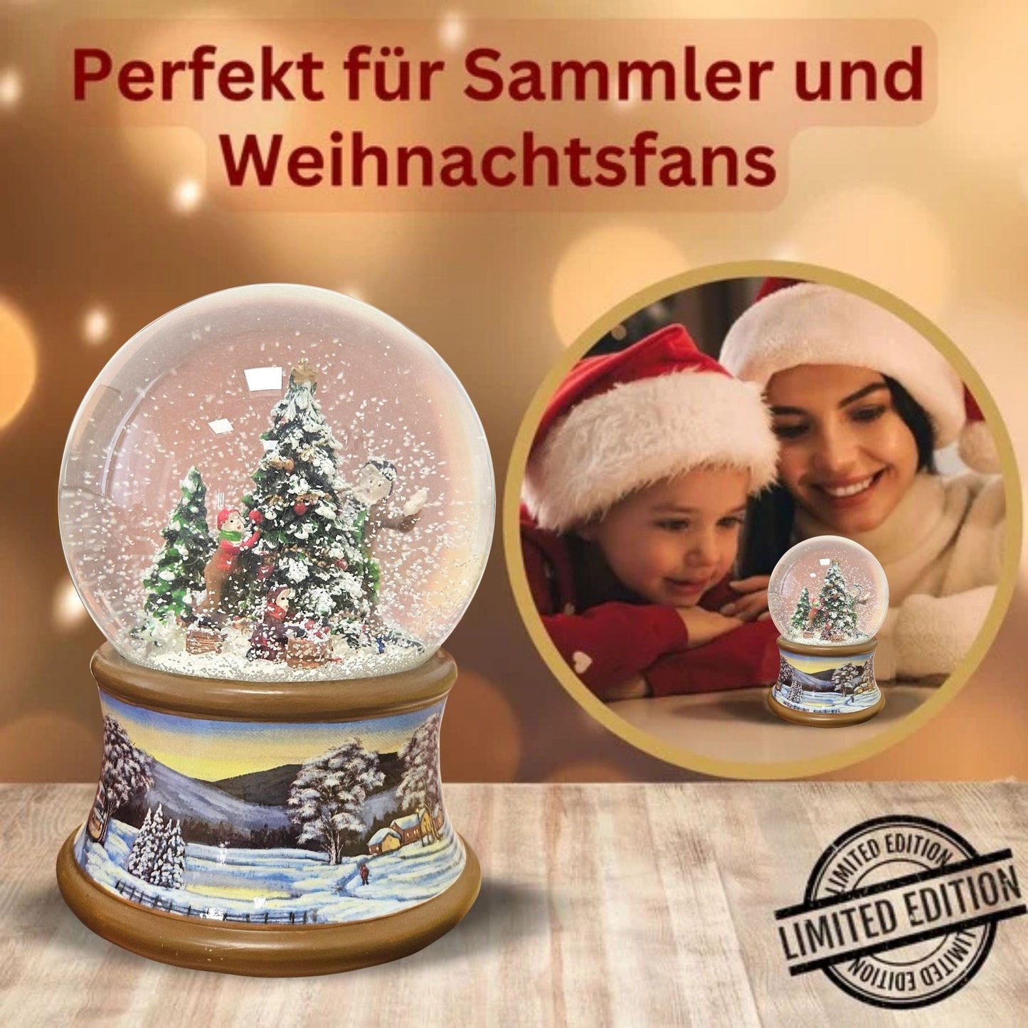 Schneekugel Weihnachtsbaum schmücken auf Sockel Winterlandschaft braun mit Spieluhr 10 cm Durchmesser - Schneekugelhaus