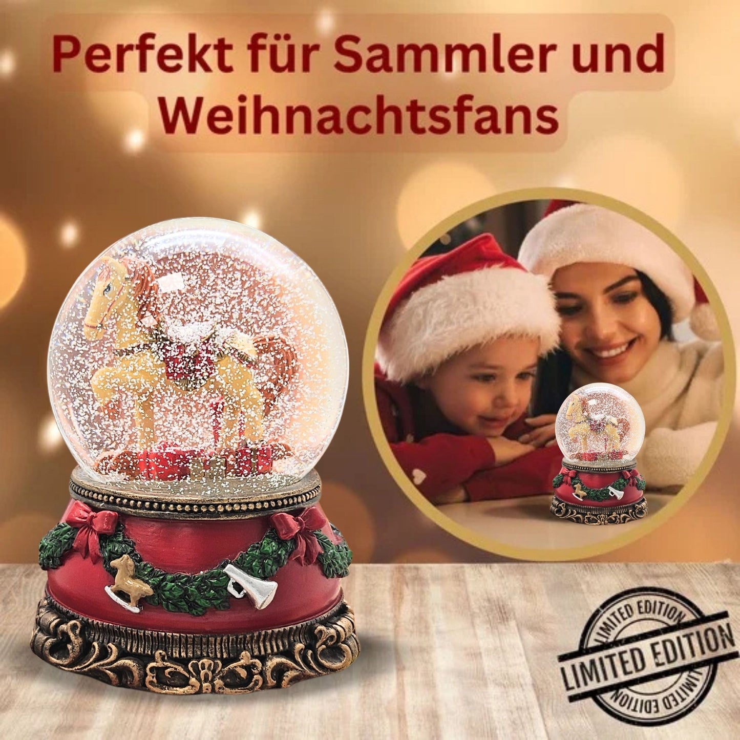 Schöne Schneekugel Schaukelpferd mit Geschenken auf Sockel Weihnachtsdekor rot mm Durchmesser mit Spieluhr - Schneekugelhaus