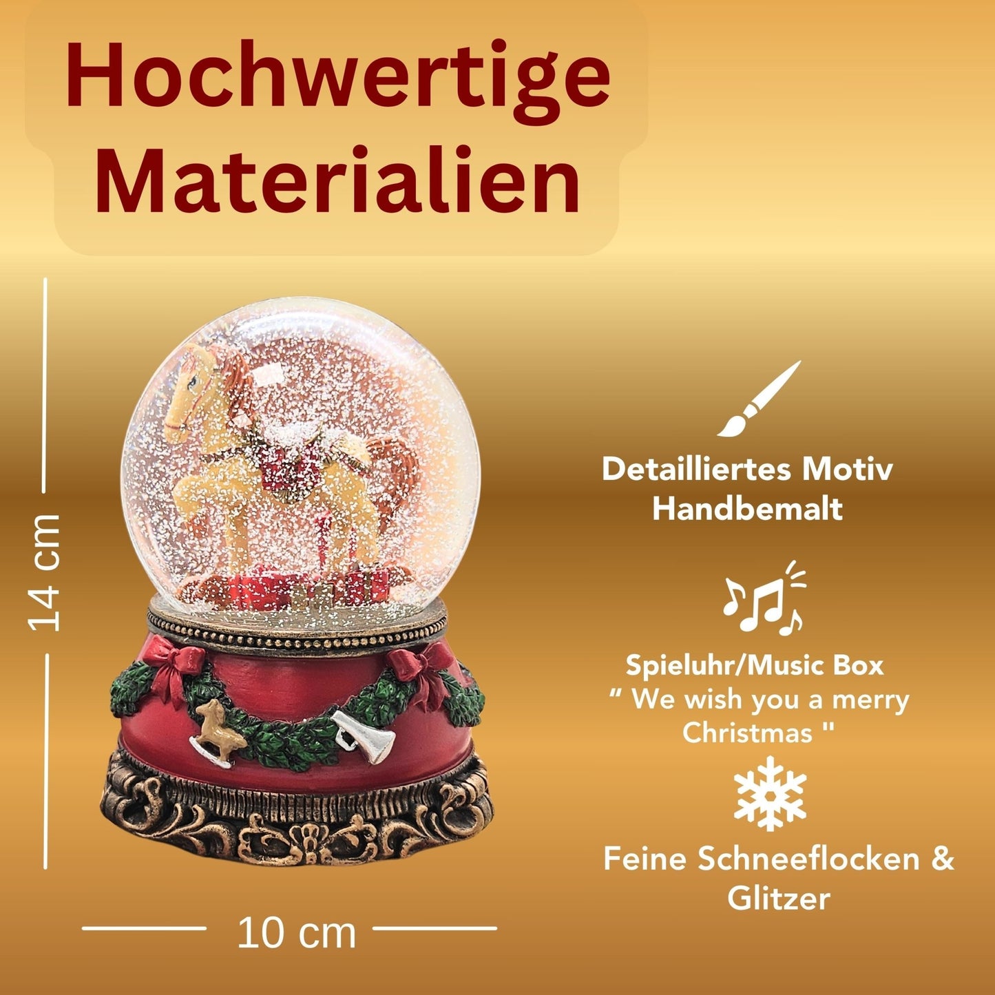 Schöne Schneekugel Schaukelpferd mit Geschenken auf Sockel Weihnachtsdekor rot mm Durchmesser mit Spieluhr - Schneekugelhaus