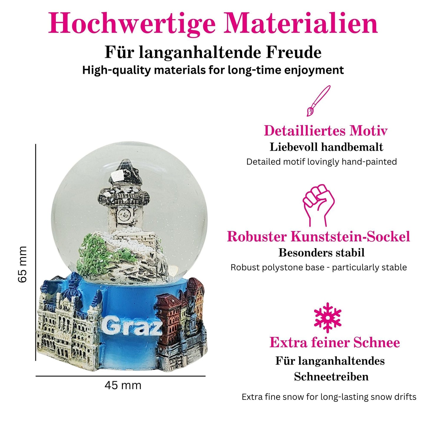 Souvenir Schneekugel Graz Uhrturm + Hauptplatz 45mm Durchmesser - Schneekugelhaus