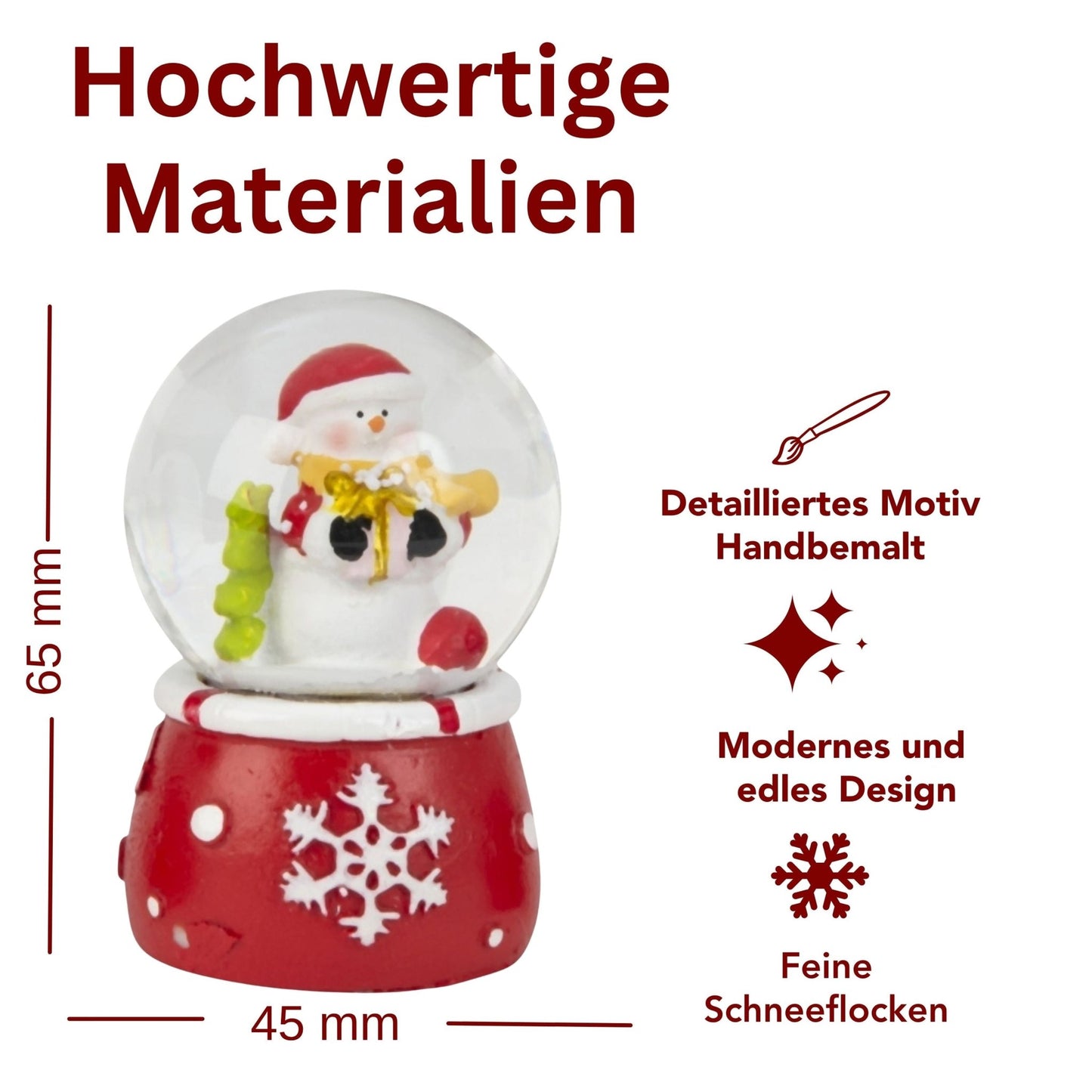 Süße Mini - Schneekugel Schneemann auf Sockel rot weiße Schneeeflocke B: 45mm - Schneekugelhaus