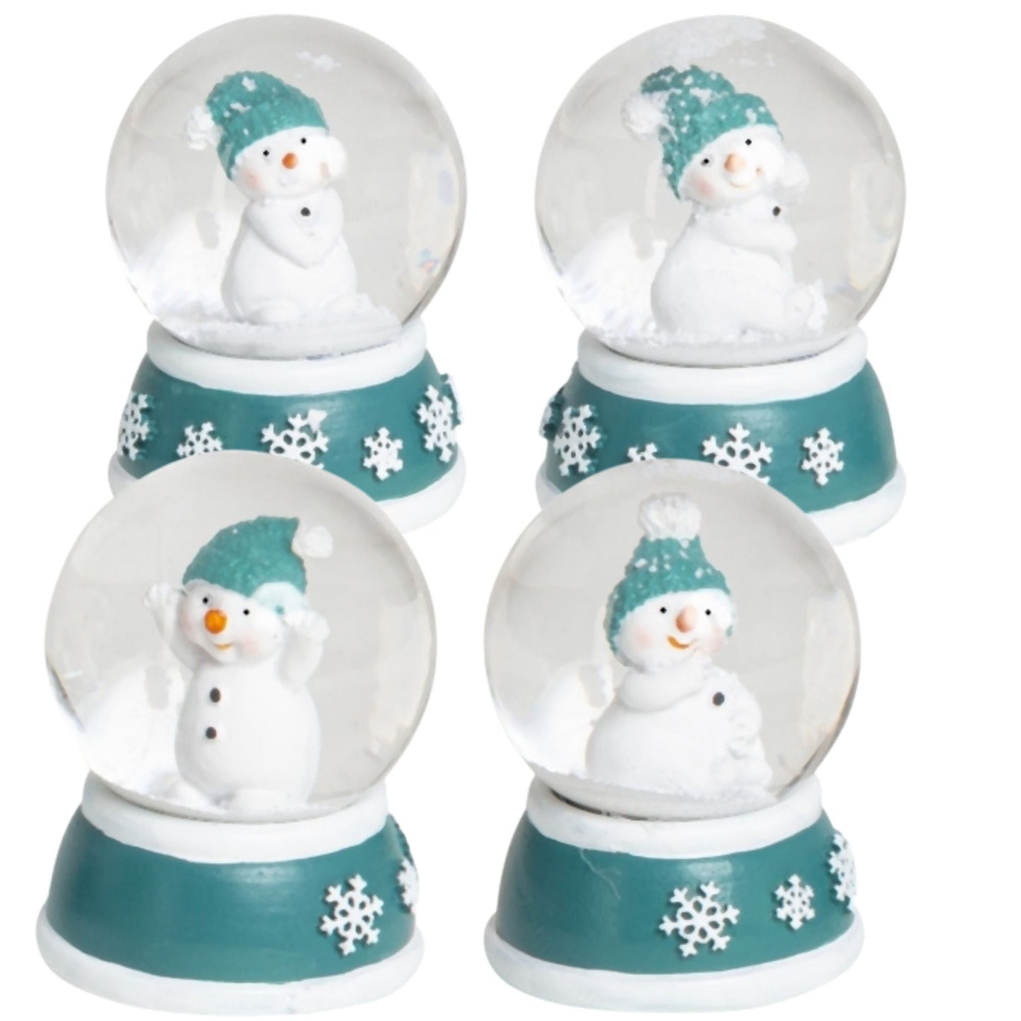 Süße Mini - Schneekugel Schneemann dreht sich auf Sockel türkis weiße Schneeeflocke B: 45mm - Schneekugelhaus