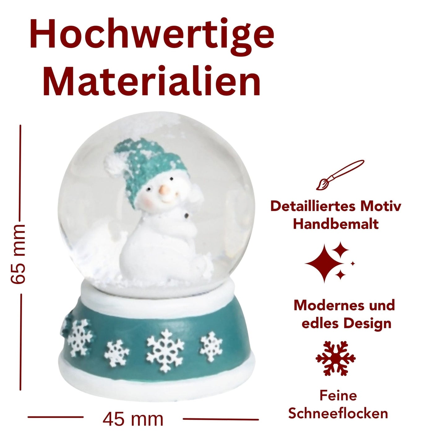 Süße Mini - Schneekugel Schneemann dreht sich auf Sockel türkis weiße Schneeeflocke B: 45mm - Schneekugelhaus