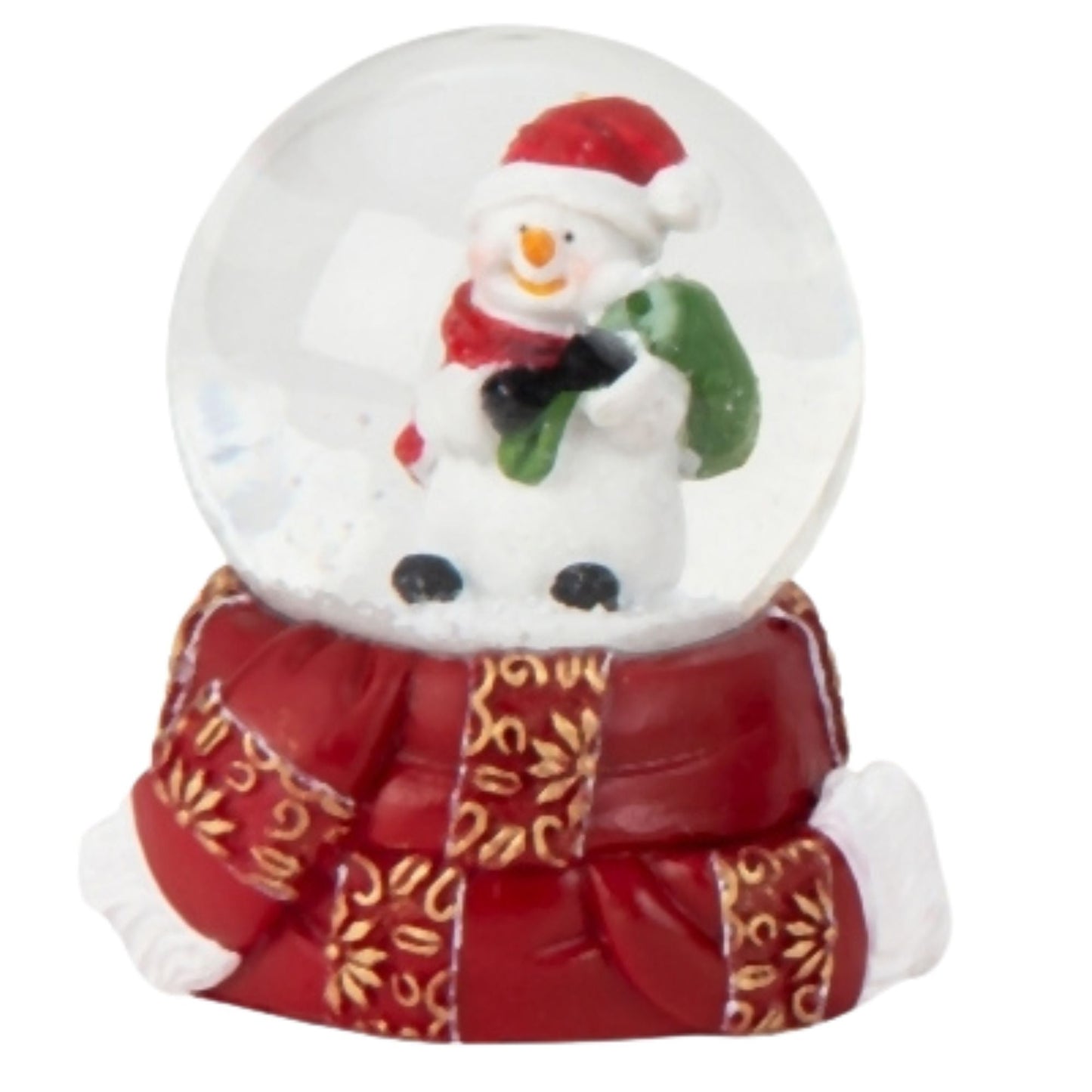 Süße Mini - Schneekugel Schneemann grüner Sack auf Sockel rot gold Winterschal B: 45mm - Schneekugelhaus
