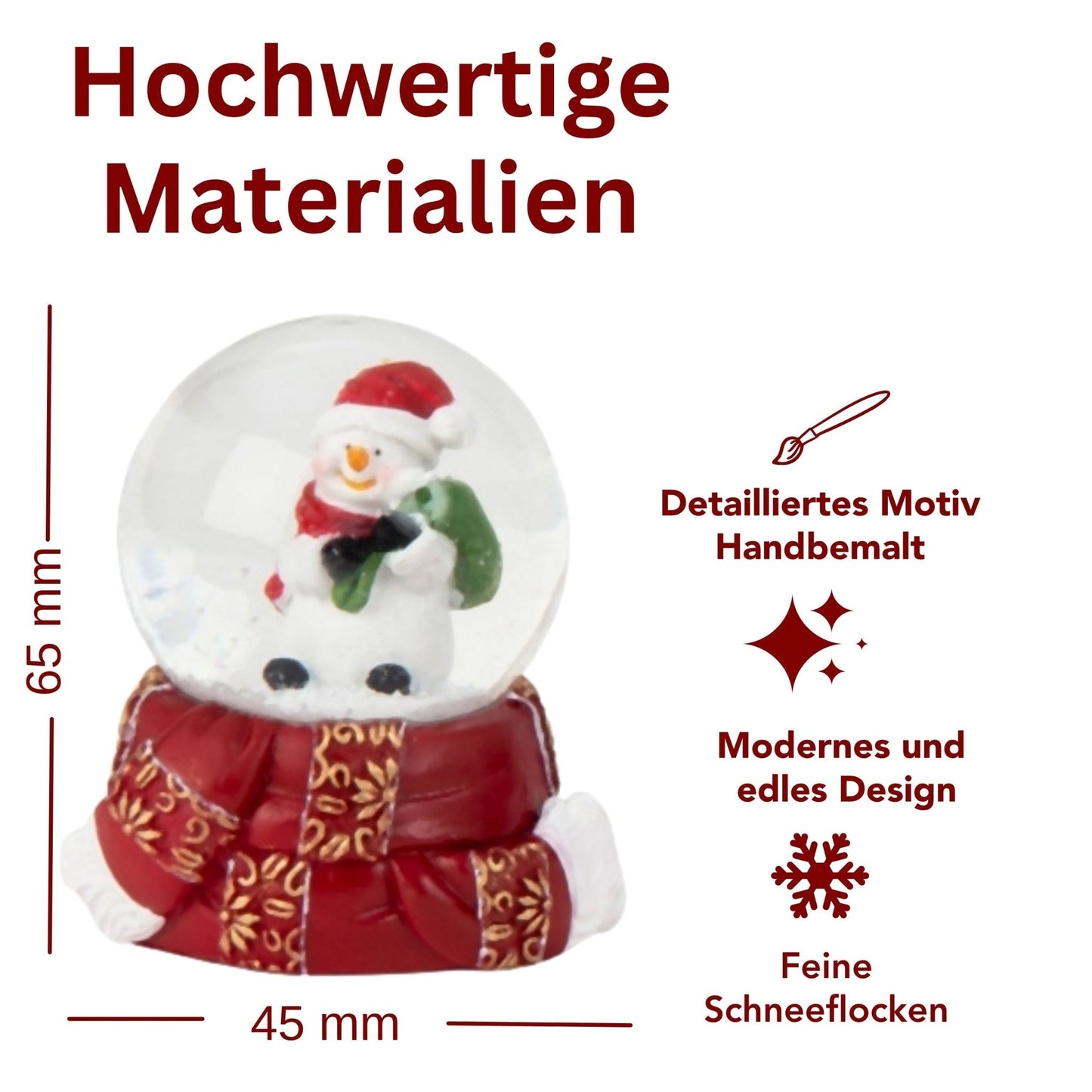 Süße Mini - Schneekugel Schneemann grüner Sack auf Sockel rot gold Winterschal B: 45mm - Schneekugelhaus