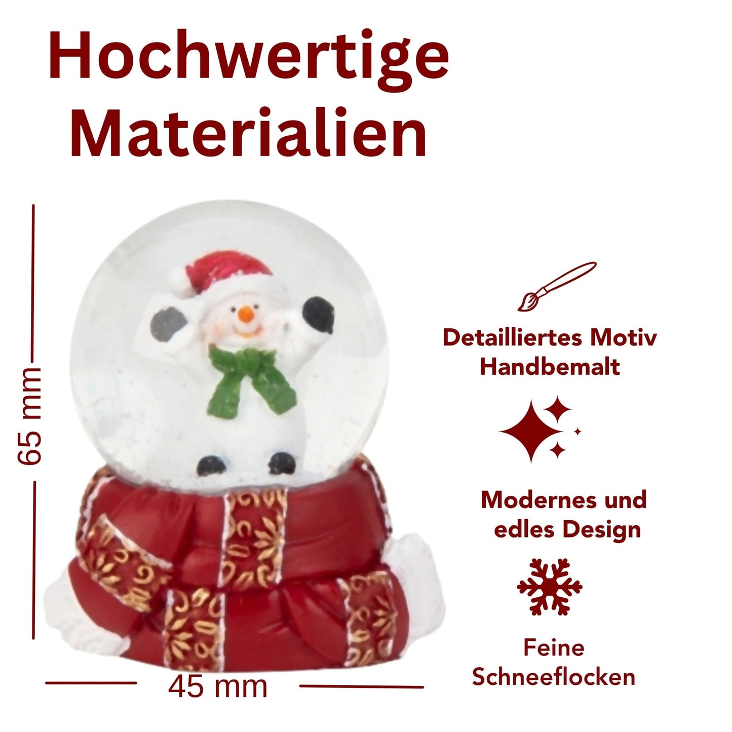 Süße Mini - Schneekugel Schneemann grüner Schal auf Sockel rot gold Winterschal B: 45mm - Schneekugelhaus