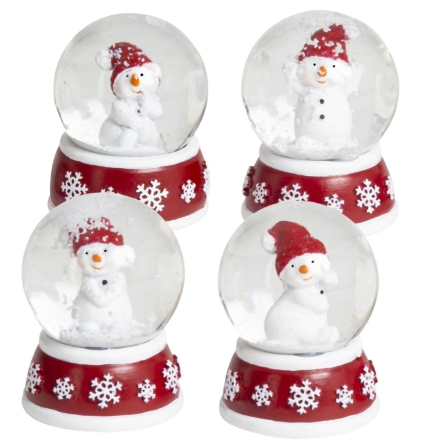 Süße Mini - Schneekugel Schneemann Hand am Mund auf Sockel rot weiße Schneeeflocke B: 45mm - Schneekugelhaus