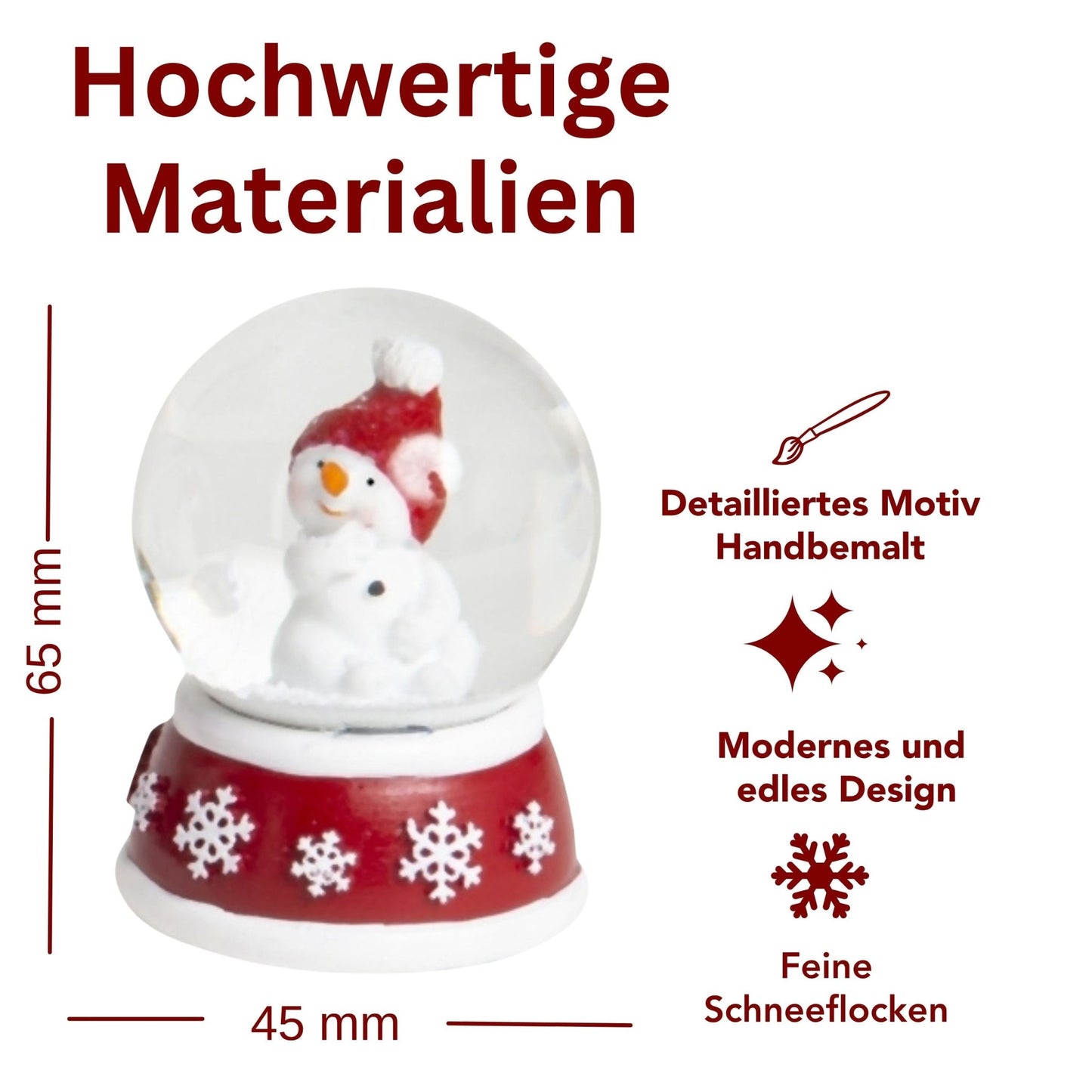 Süße Mini - Schneekugel Schneemann Hand am Mund auf Sockel rot weiße Schneeeflocke B: 45mm - Schneekugelhaus