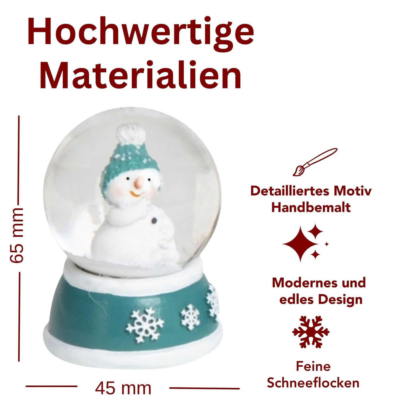 Süße Mini - Schneekugel Schneemann Hand am Mund auf Sockel türkis weiße Schneeeflocke B: 45mm - Schneekugelhaus