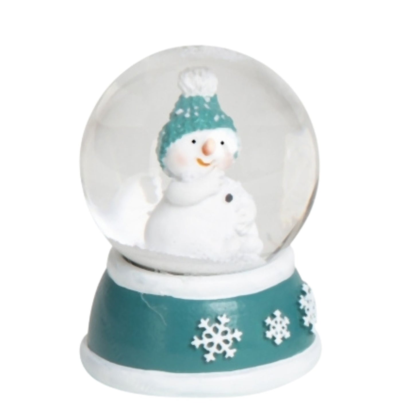 Süße Mini - Schneekugel Schneemann Hand am Mund auf Sockel türkis weiße Schneeeflocke B: 45mm - Schneekugelhaus