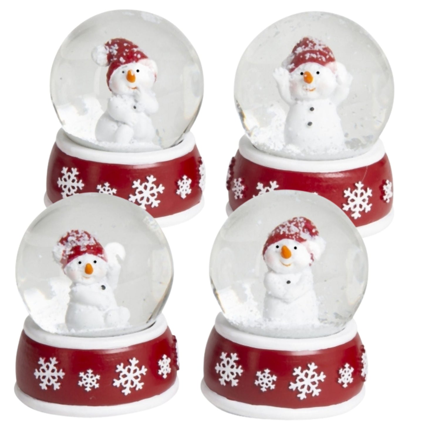 Süße Mini - Schneekugel Schneemann Hände hoch auf Sockel rot weiße Schneeeflocke B: 45mm - Schneekugelhaus