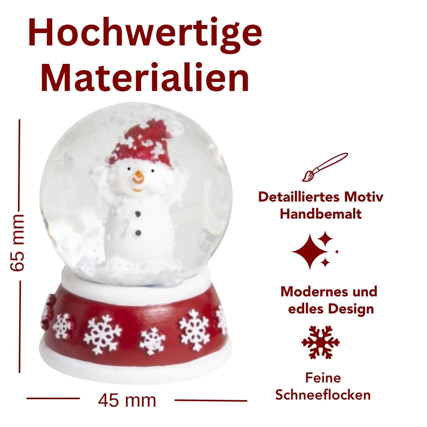 Süße Mini - Schneekugel Schneemann Hände hoch auf Sockel rot weiße Schneeeflocke B: 45mm - Schneekugelhaus