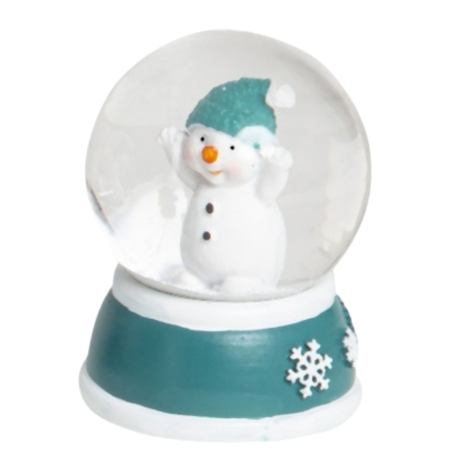 Süße Mini - Schneekugel Schneemann Hände hoch auf Sockel türkis weiße Schneeeflocke B: 45mm - Schneekugelhaus