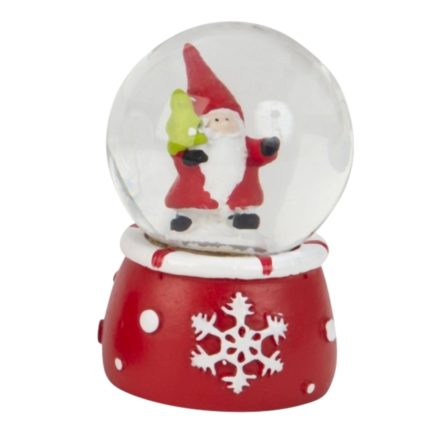 Süße Mini - Schneekugel Weihnachtsmann auf Sockel rot weiße Schneeeflocke B: 45mm - Schneekugelhaus