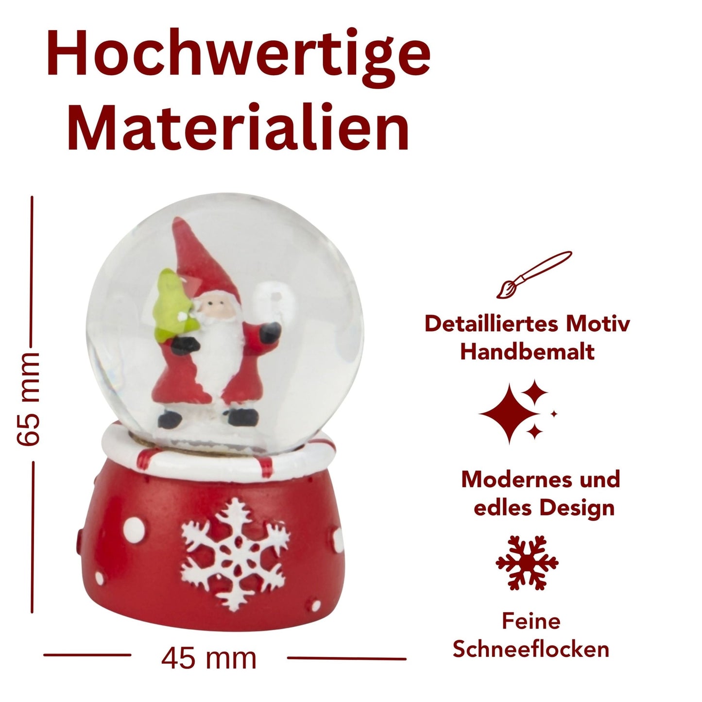Süße Mini - Schneekugel Weihnachtsmann auf Sockel rot weiße Schneeeflocke B: 45mm - Schneekugelhaus