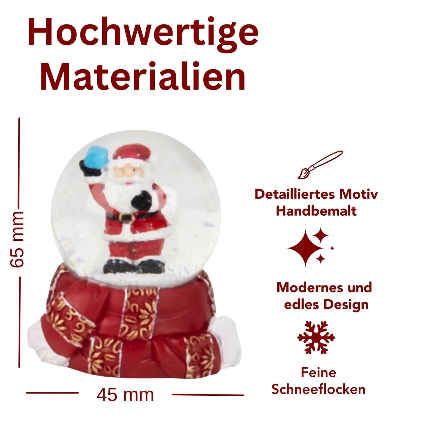 Süße Mini - Schneekugel Weihnachtsmann Schneeball auf Sockel rot gold Winterschal B: 45mm - Schneekugelhaus