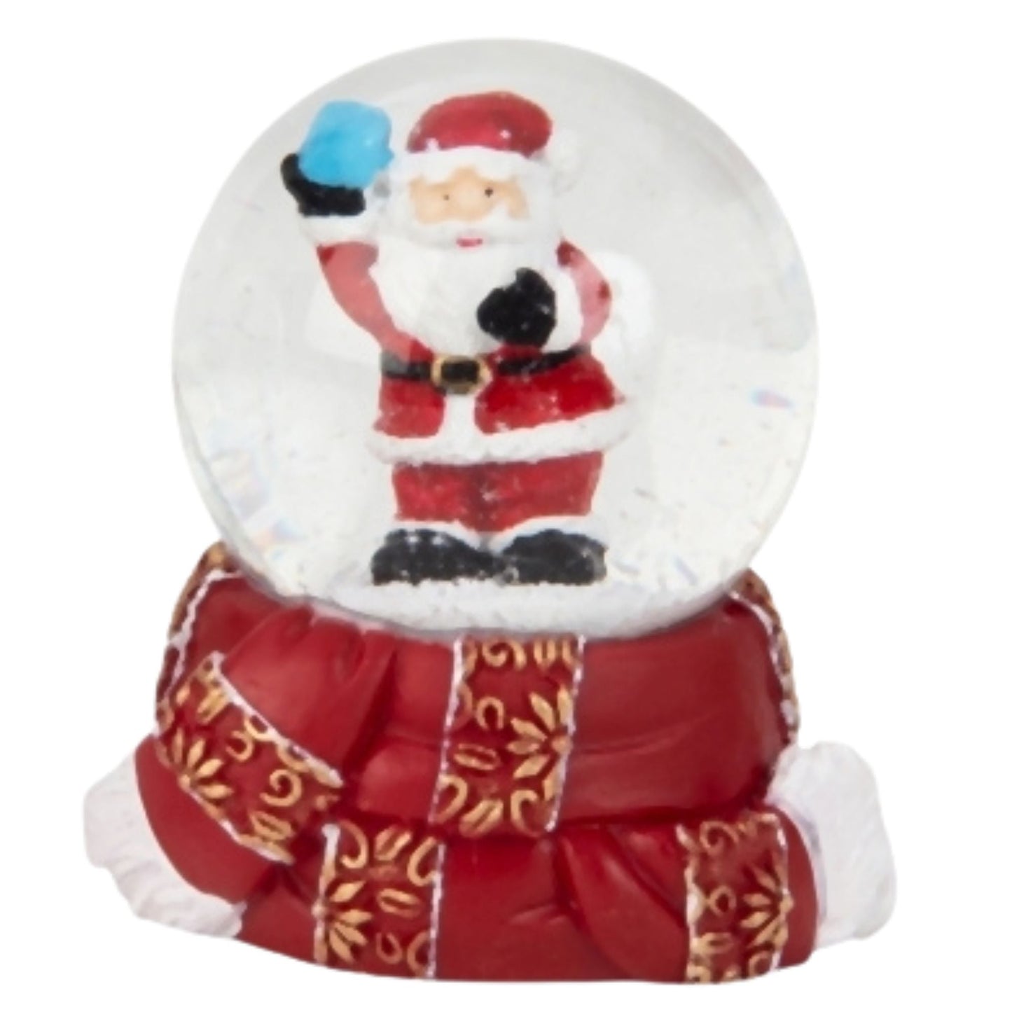 Süße Mini - Schneekugel Weihnachtsmann Schneeball auf Sockel rot gold Winterschal B: 45mm - Schneekugelhaus