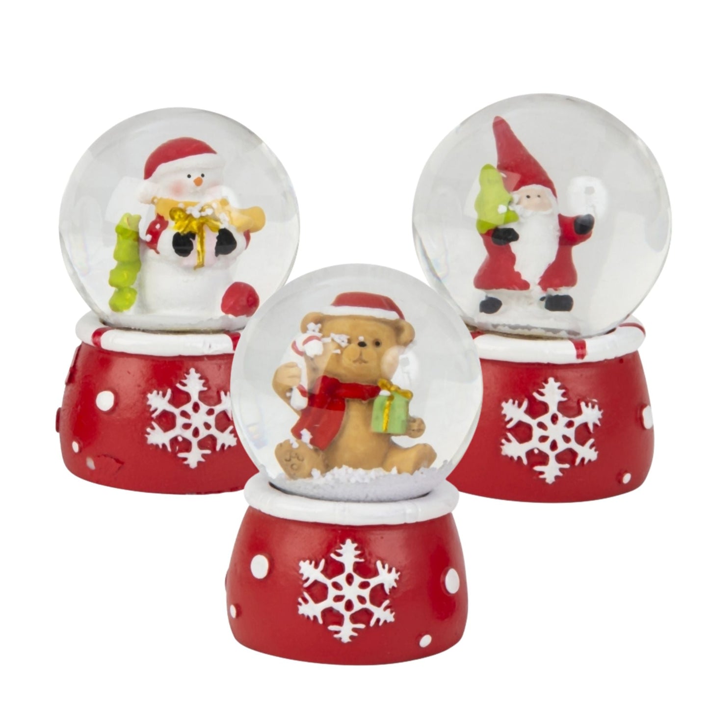 Süße Mini - Schneekugel Weihnachtsteddy auf Sockel rot weiße Schneeeflocke B: 45mm - Schneekugelhaus