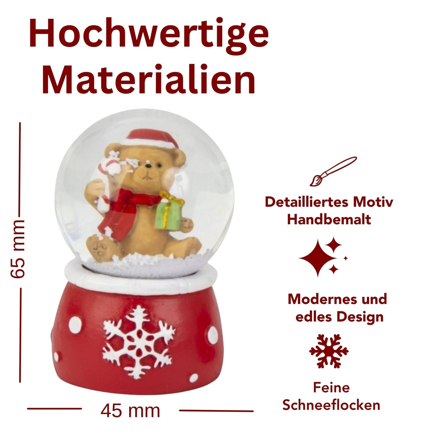 Süße Mini - Schneekugel Weihnachtsteddy auf Sockel rot weiße Schneeeflocke B: 45mm - Schneekugelhaus