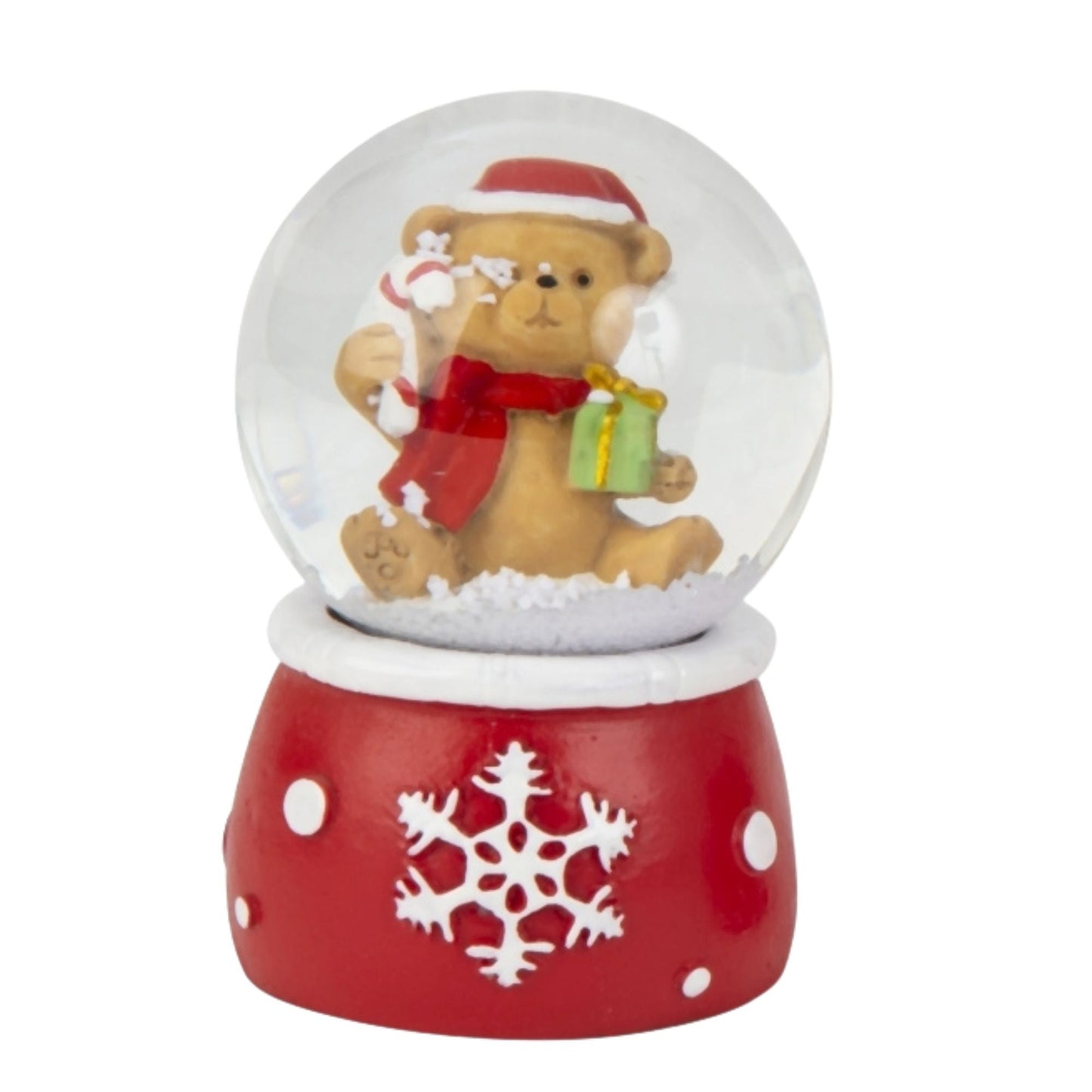 Süße Mini - Schneekugel Weihnachtsteddy auf Sockel rot weiße Schneeeflocke B: 45mm - Schneekugelhaus