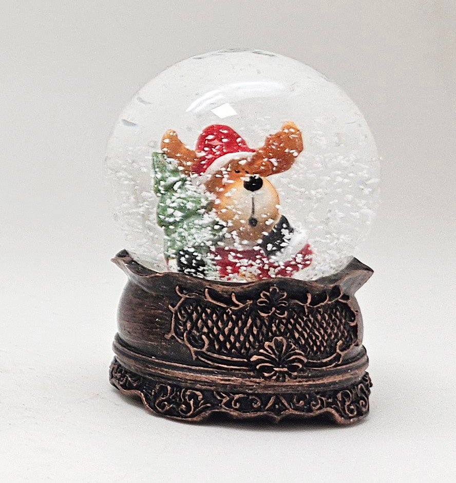 Süße Mini - Schneekugeln Weihnachtselch auf Sockel antik kupfer Landschaft B: 45mm - Schneekugelhaus