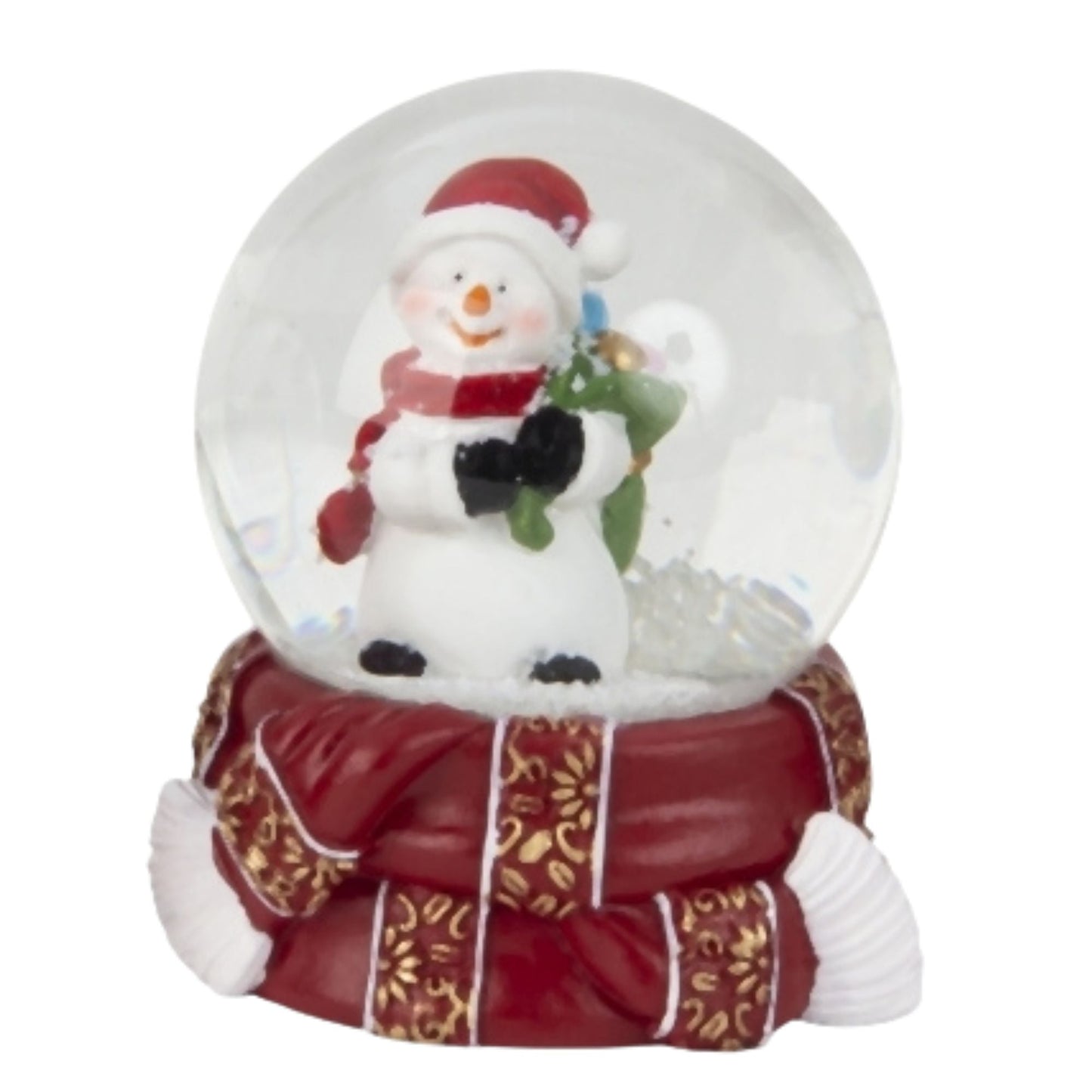 Süße Schneekugel Schneemann grüner Sack auf Sockel rot gold Winterschal B: 65mm - Schneekugelhaus