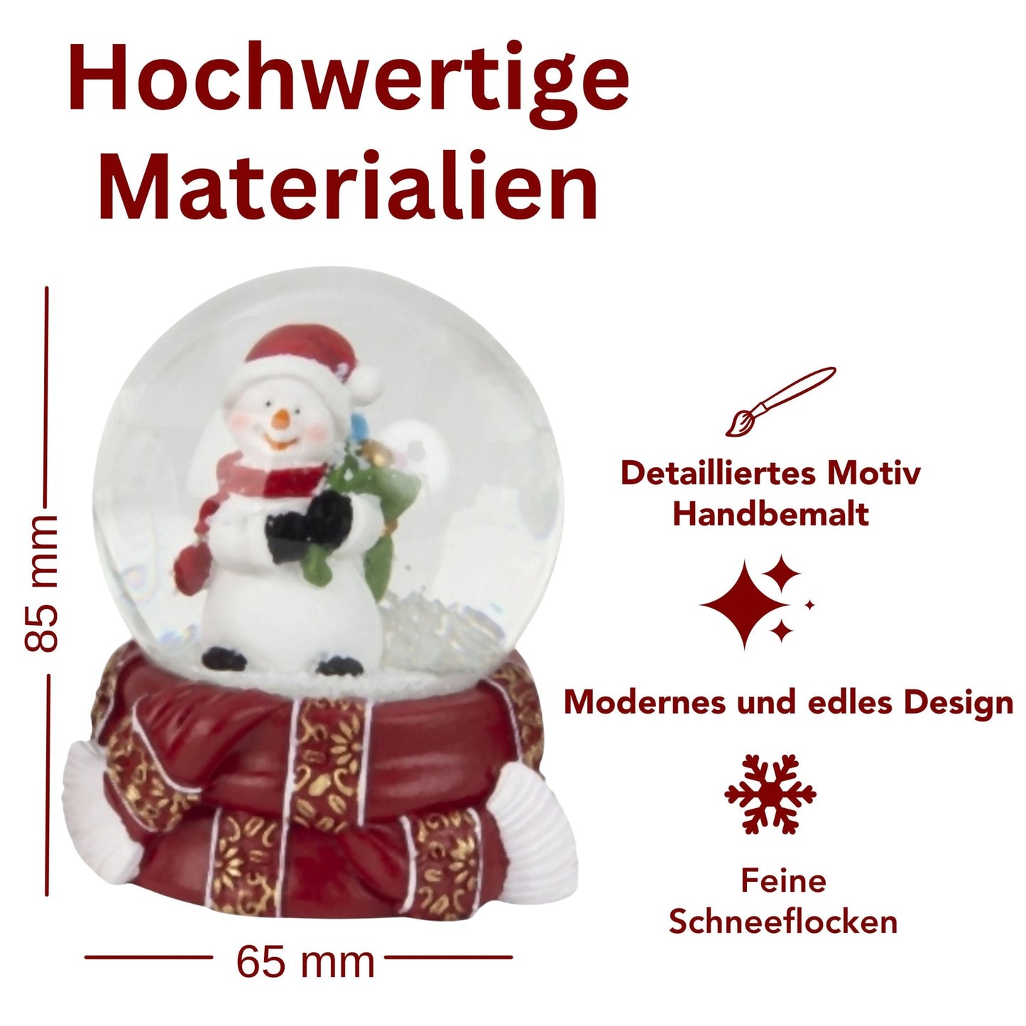 Süße Schneekugel Schneemann grüner Sack auf Sockel rot gold Winterschal B: 65mm - Schneekugelhaus