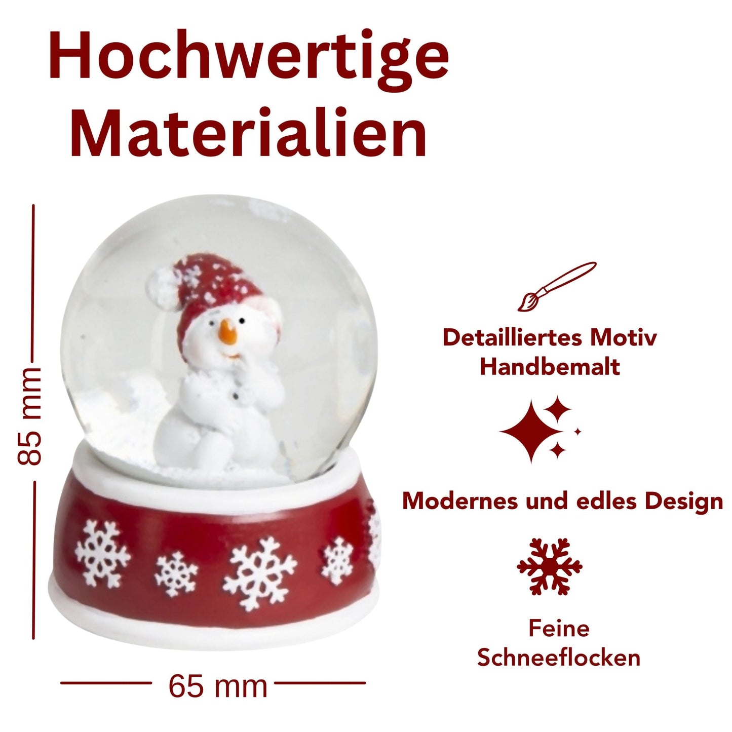 Süße Schneekugel Schneemann Hand am Mund auf Sockel rot weiße Schneeflocke B: 65mm - Schneekugelhaus