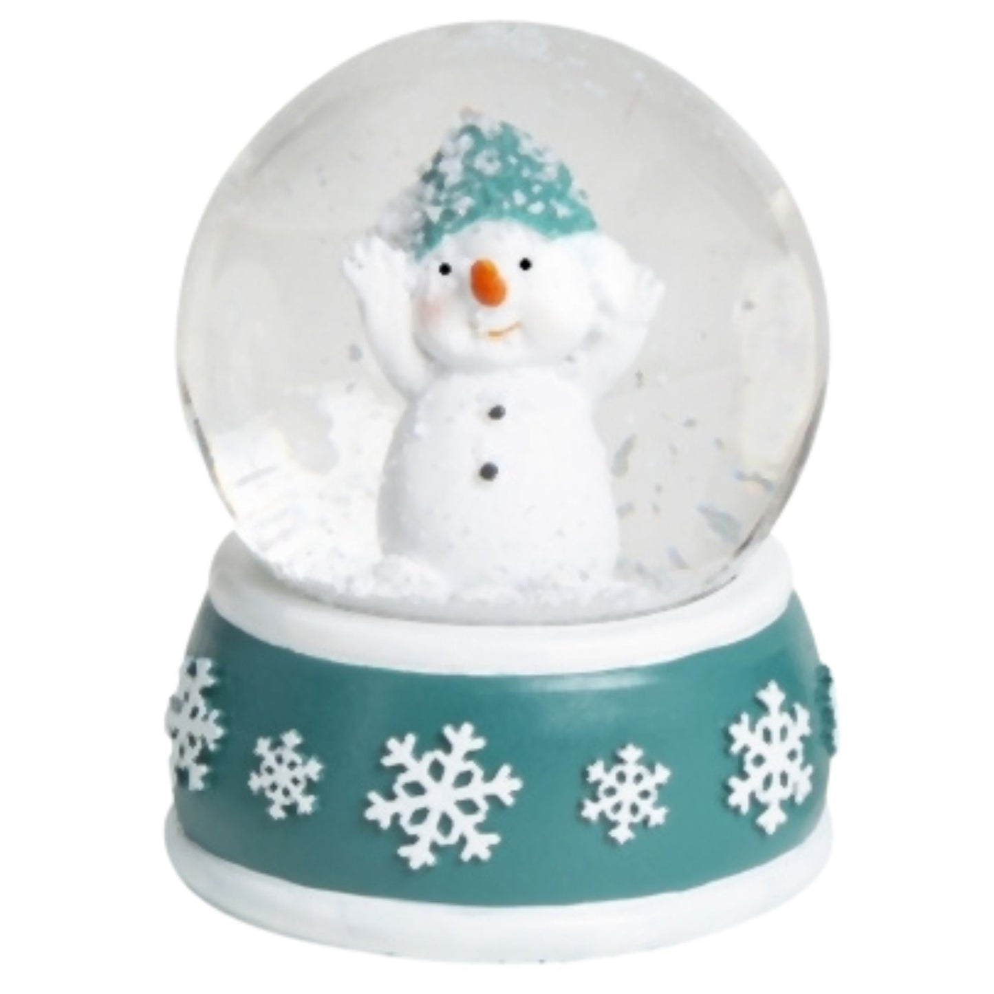Süße Schneekugel Schneemann Hände hoch auf Sockel türkis weiße Schneeflocke B: 65mm - Schneekugelhaus