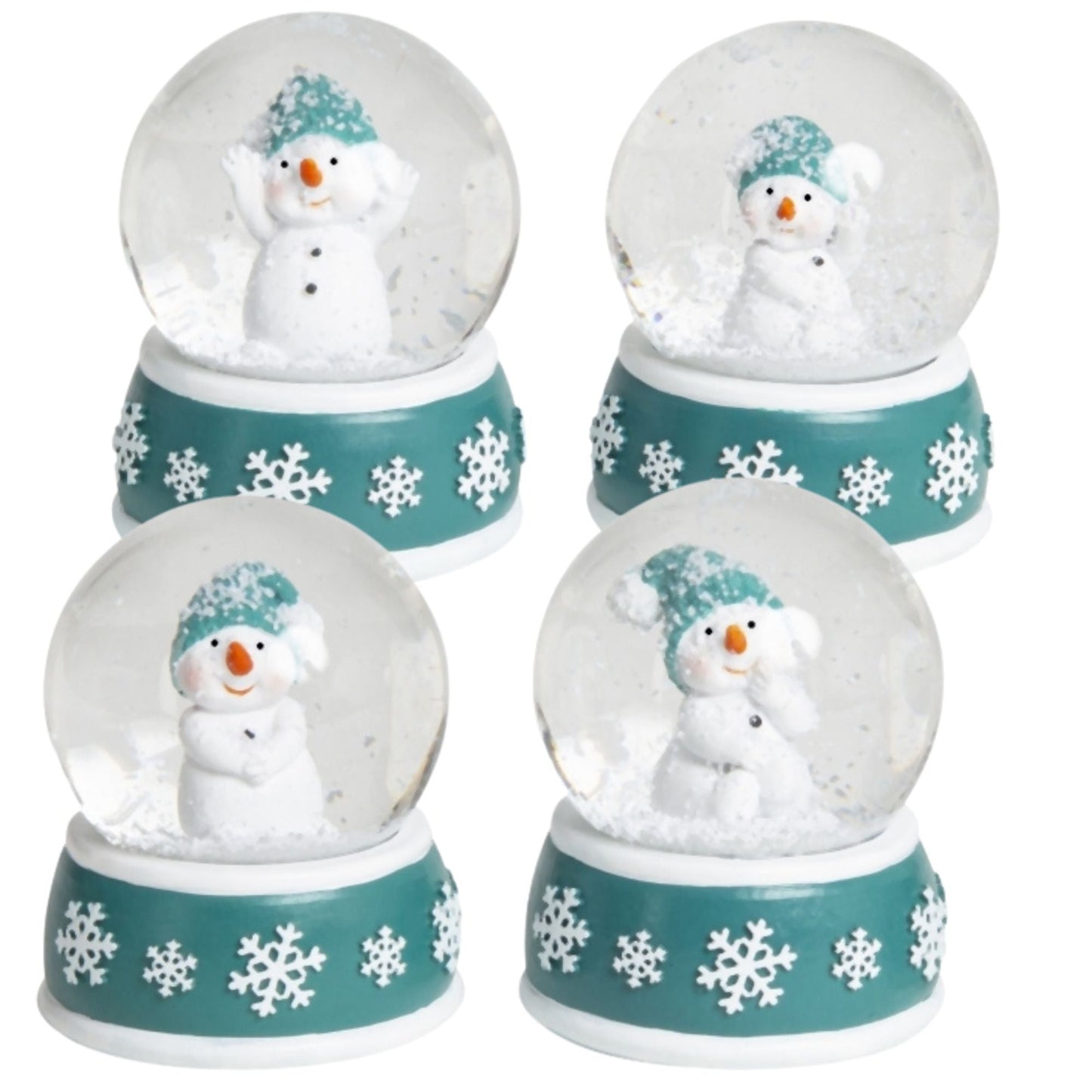 Süße Schneekugel Schneemann Hände hoch auf Sockel türkis weiße Schneeflocke B: 65mm - Schneekugelhaus
