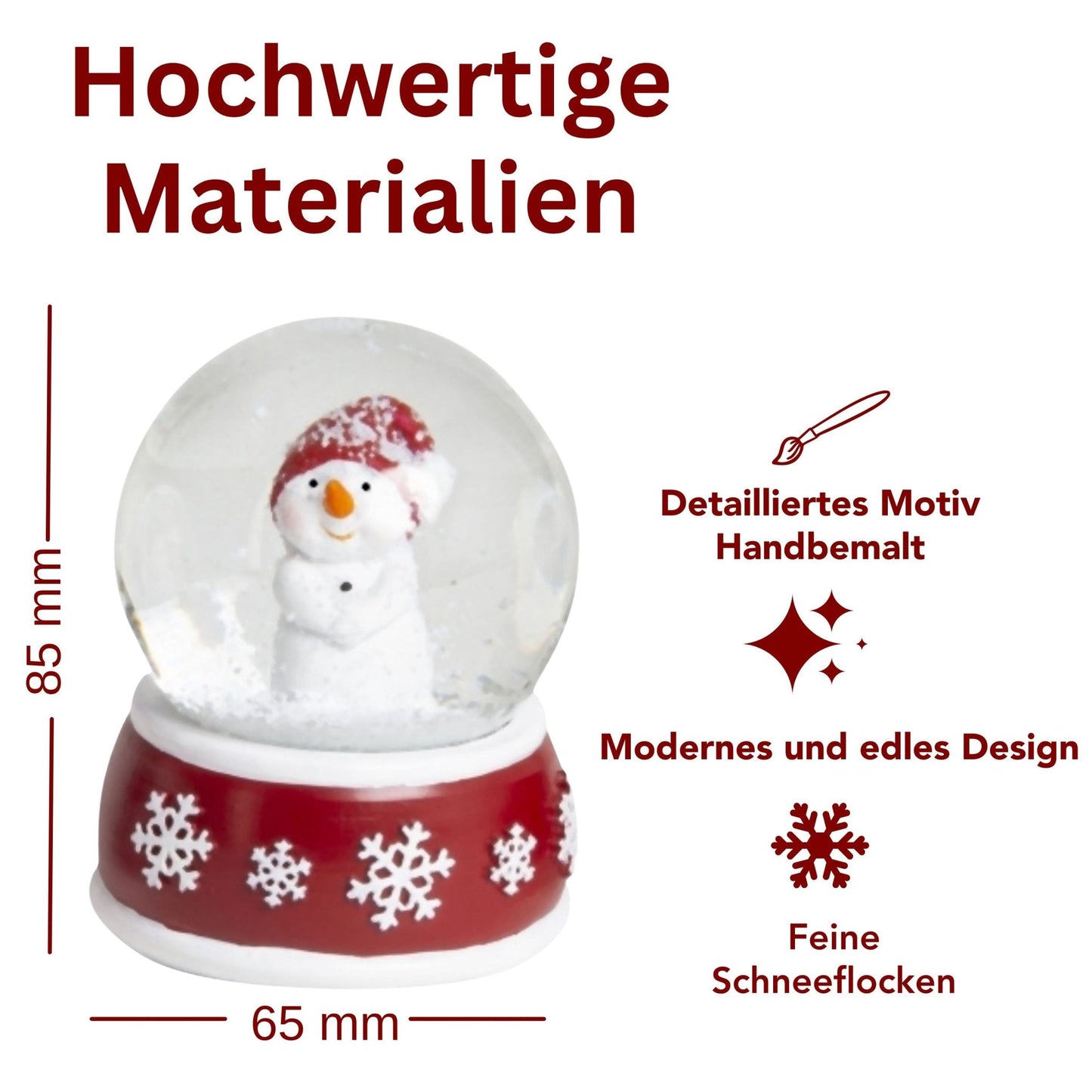 Süße Schneekugel Schneemann Hände zusammen auf Sockel rot weiße Schneeflocke B: 65mm - Schneekugelhaus