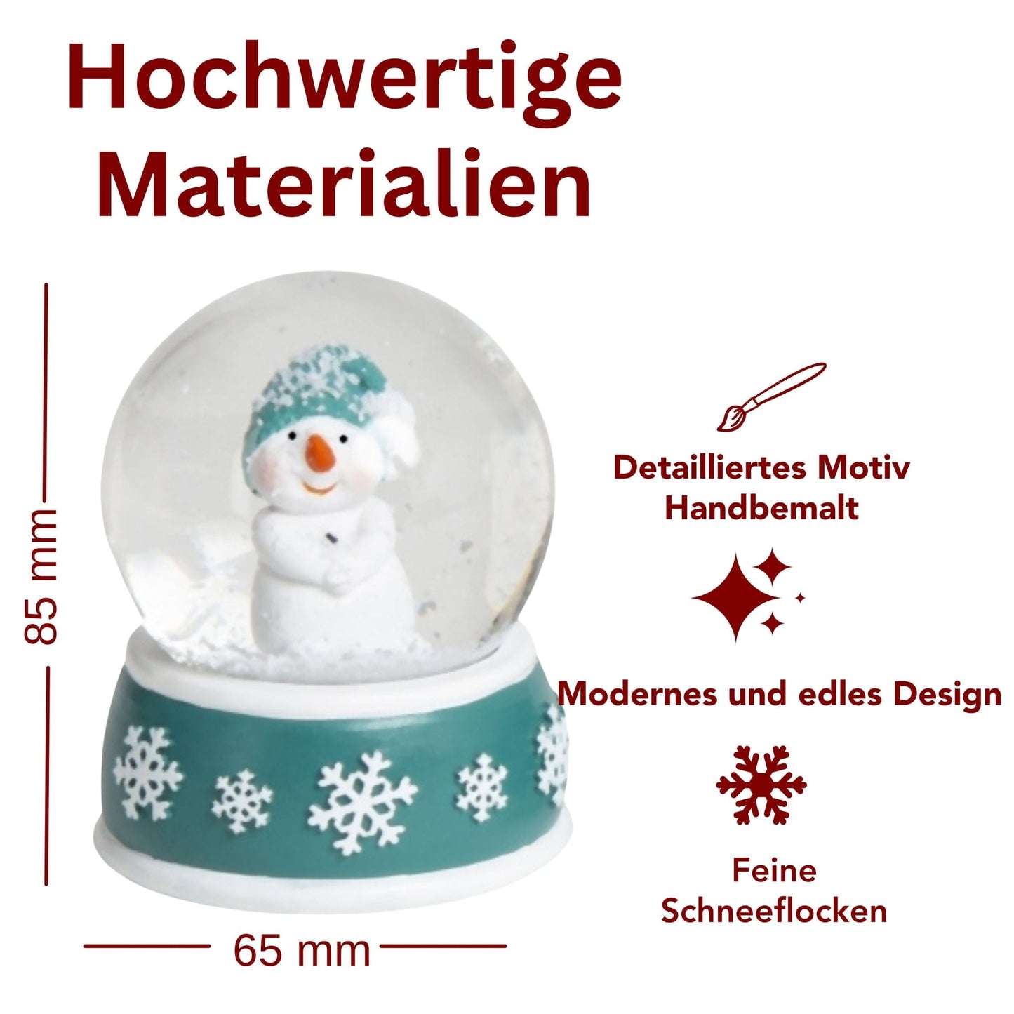 Süße Schneekugel Schneemann Hände zusammen auf Sockel türkis weiße Schneeflocke B: 65mm - Schneekugelhaus