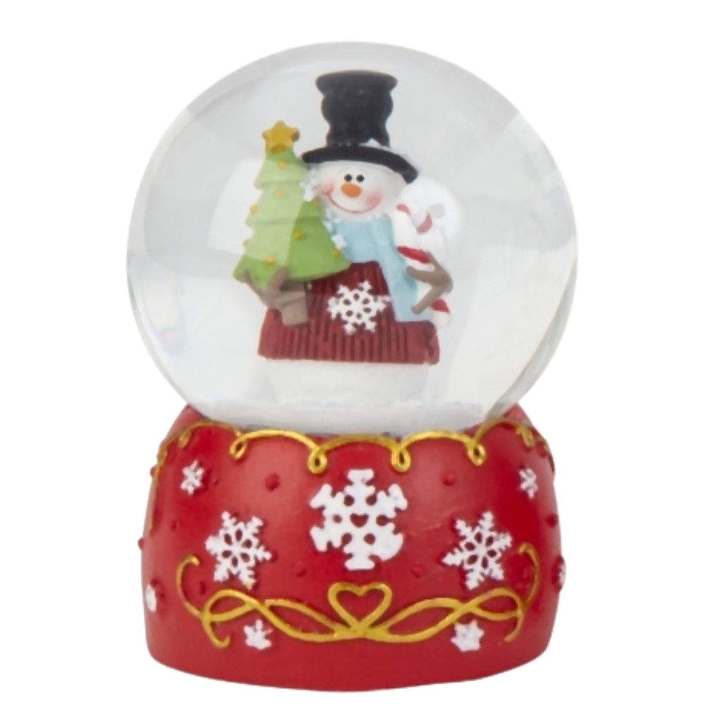 Süße Schneekugel Schneemann Zylinder auf Sockel rot weiße Schneeflocke B: 65mm - Schneekugelhaus