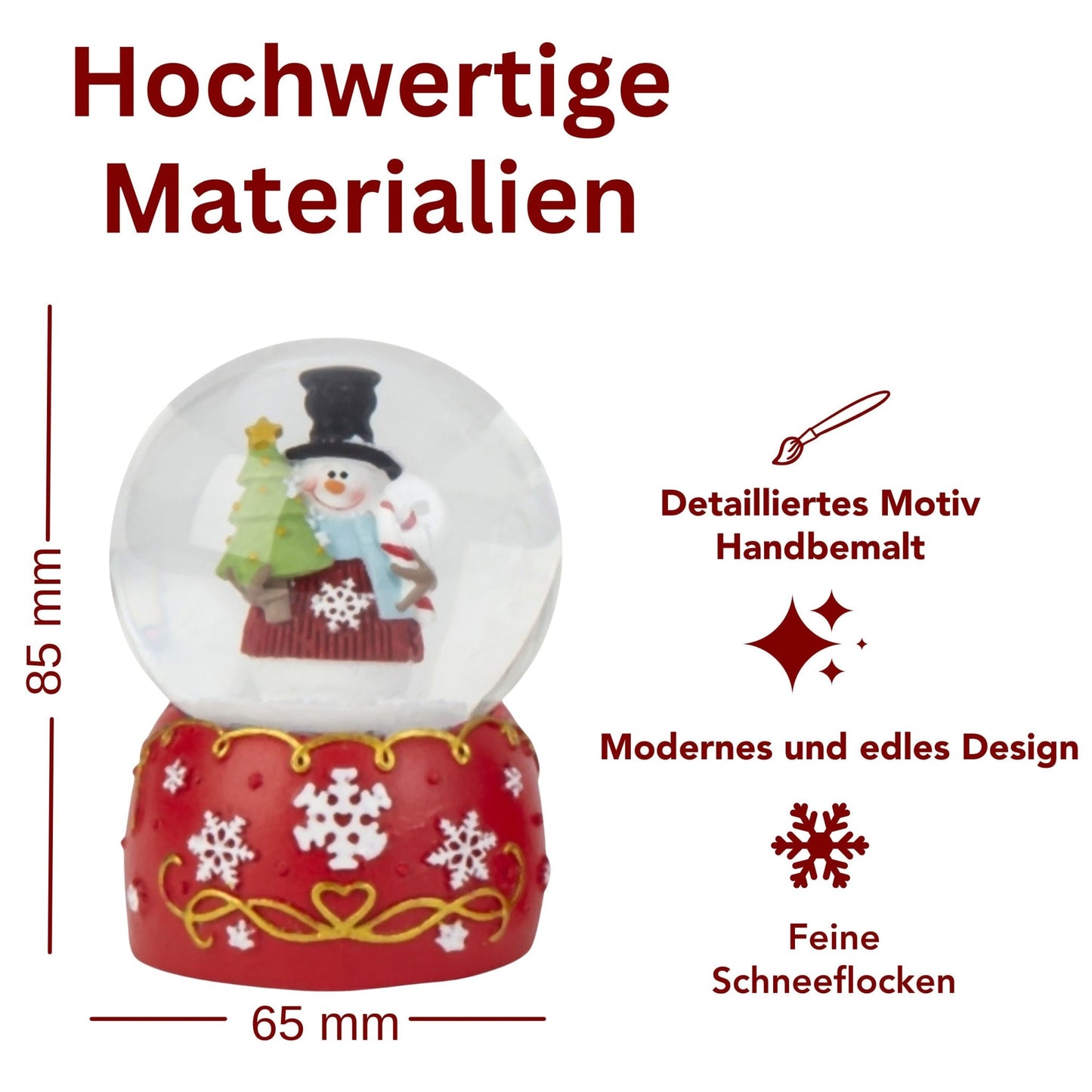 Süße Schneekugel Schneemann Zylinder auf Sockel rot weiße Schneeflocke B: 65mm - Schneekugelhaus