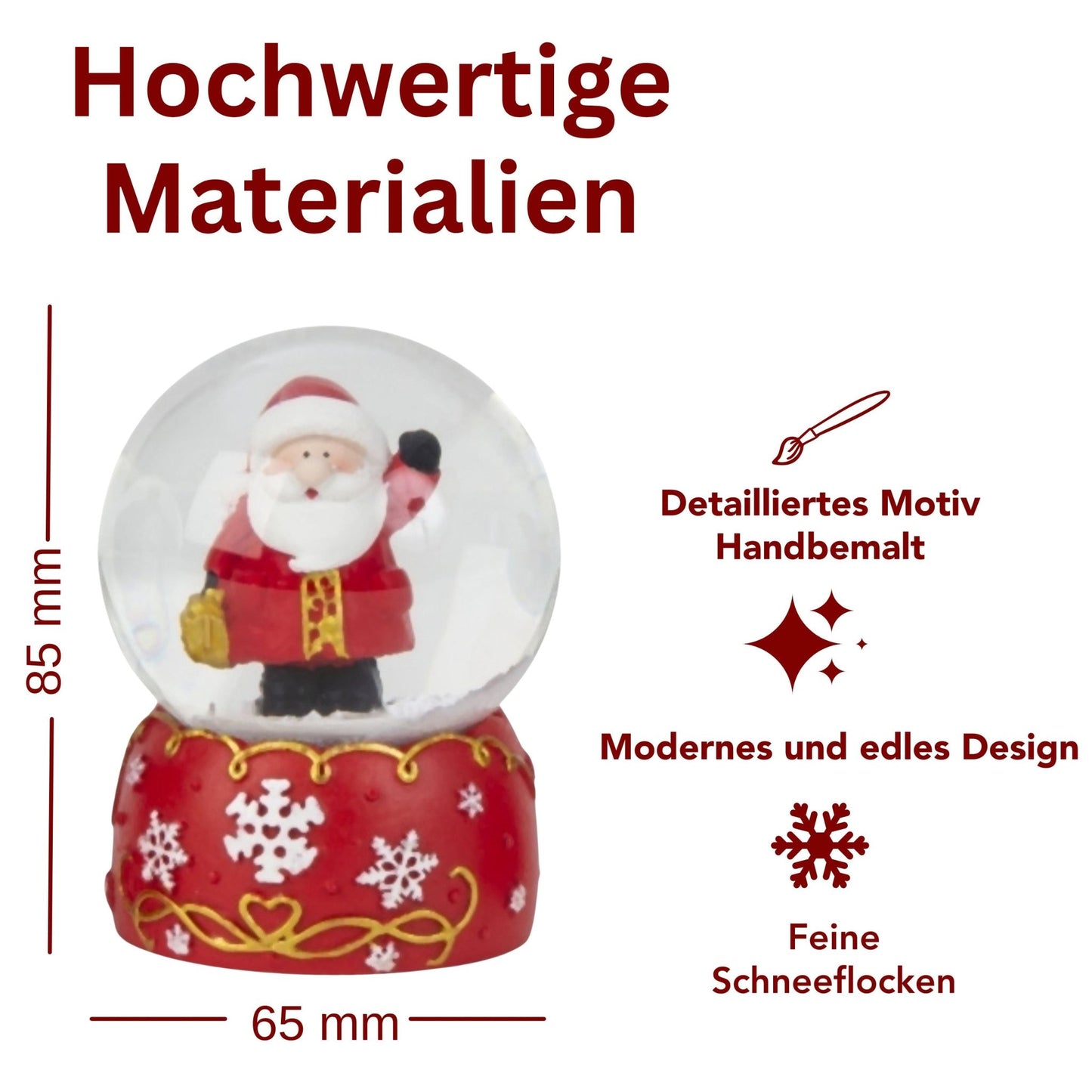Süße Schneekugel Weihnachtsmann auf Sockel rot weiße Schneeflocke B: 65mm - Schneekugelhaus
